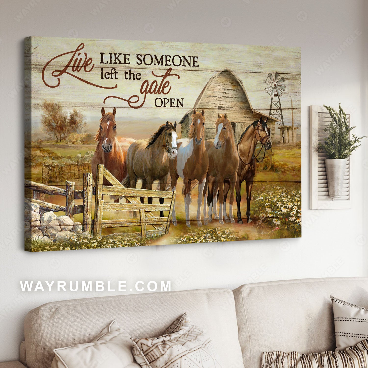 Brown horses, Countryside painting, Live like someone left the gate open - Jesus Landscape Canvas Prints, Christian Wall Art