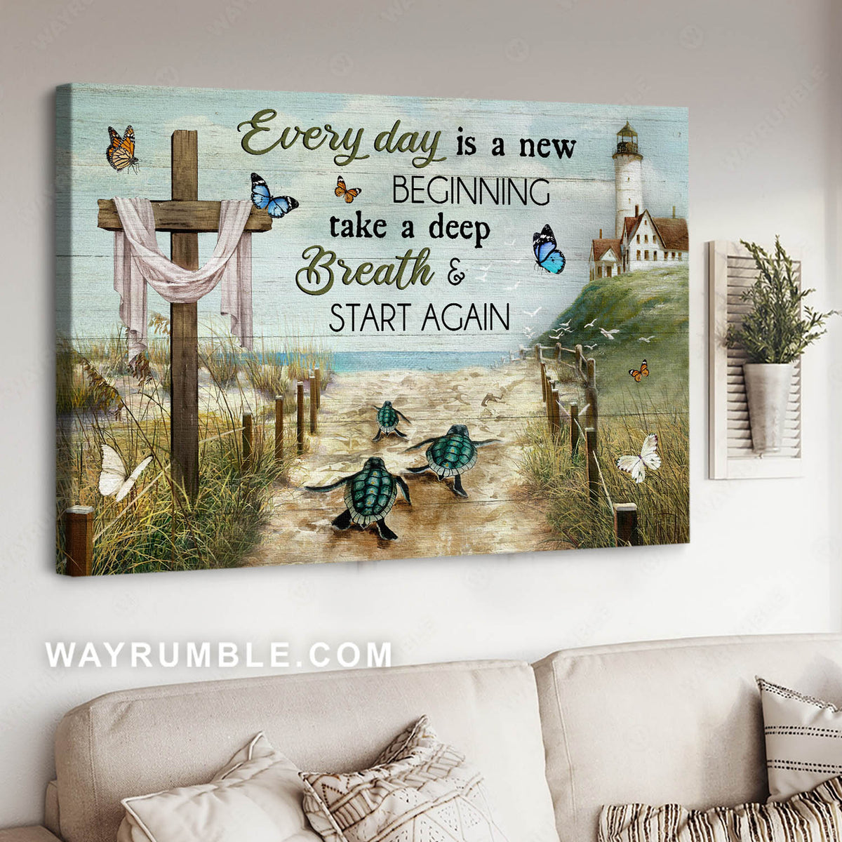 Beach sand, Sea turtle, Lighthouse, Cross symbol, Everyday is a new beginning - Jesus Landscape Canvas Prints, Christian Wall Art