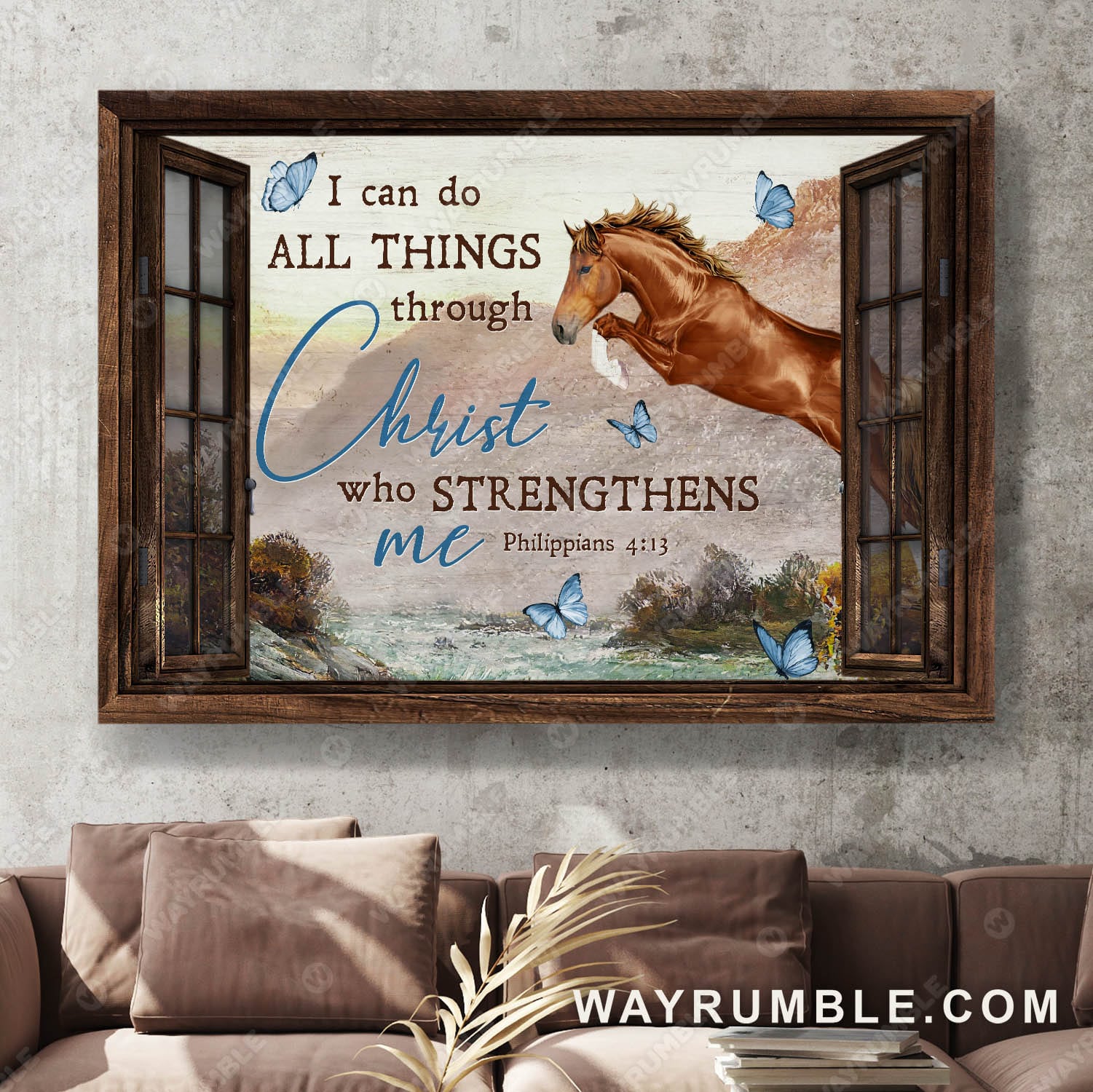 Jumping horse, Blue butterfly, I can do all things through Christ who strengthens me - Jesus Landscape Canvas Prints, Wall Art