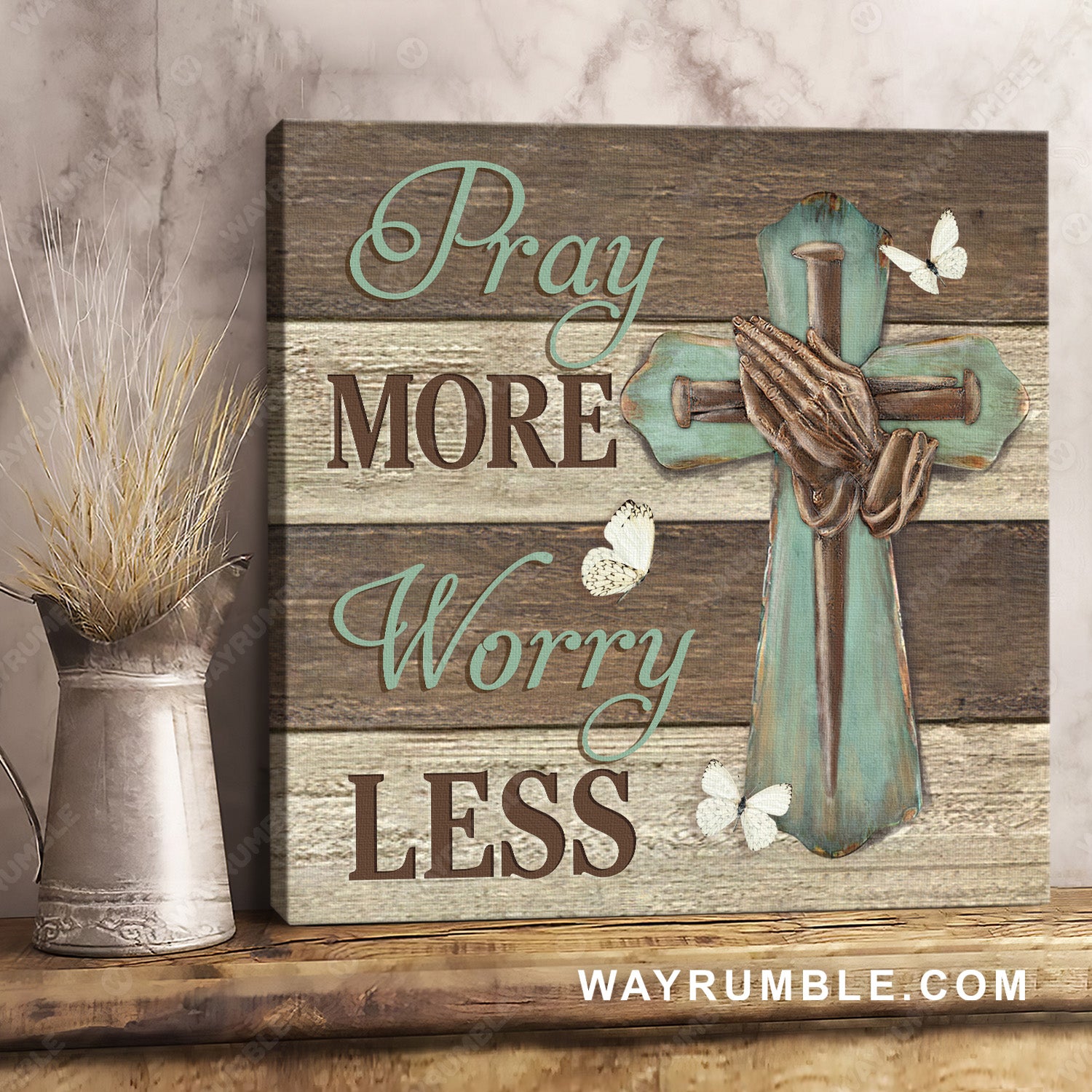 Praying hand, Green cross, Pretty butterfly, Pray hardest when it's hardest to pray - Jesus Square Canvas Prints, Christian Wall Art