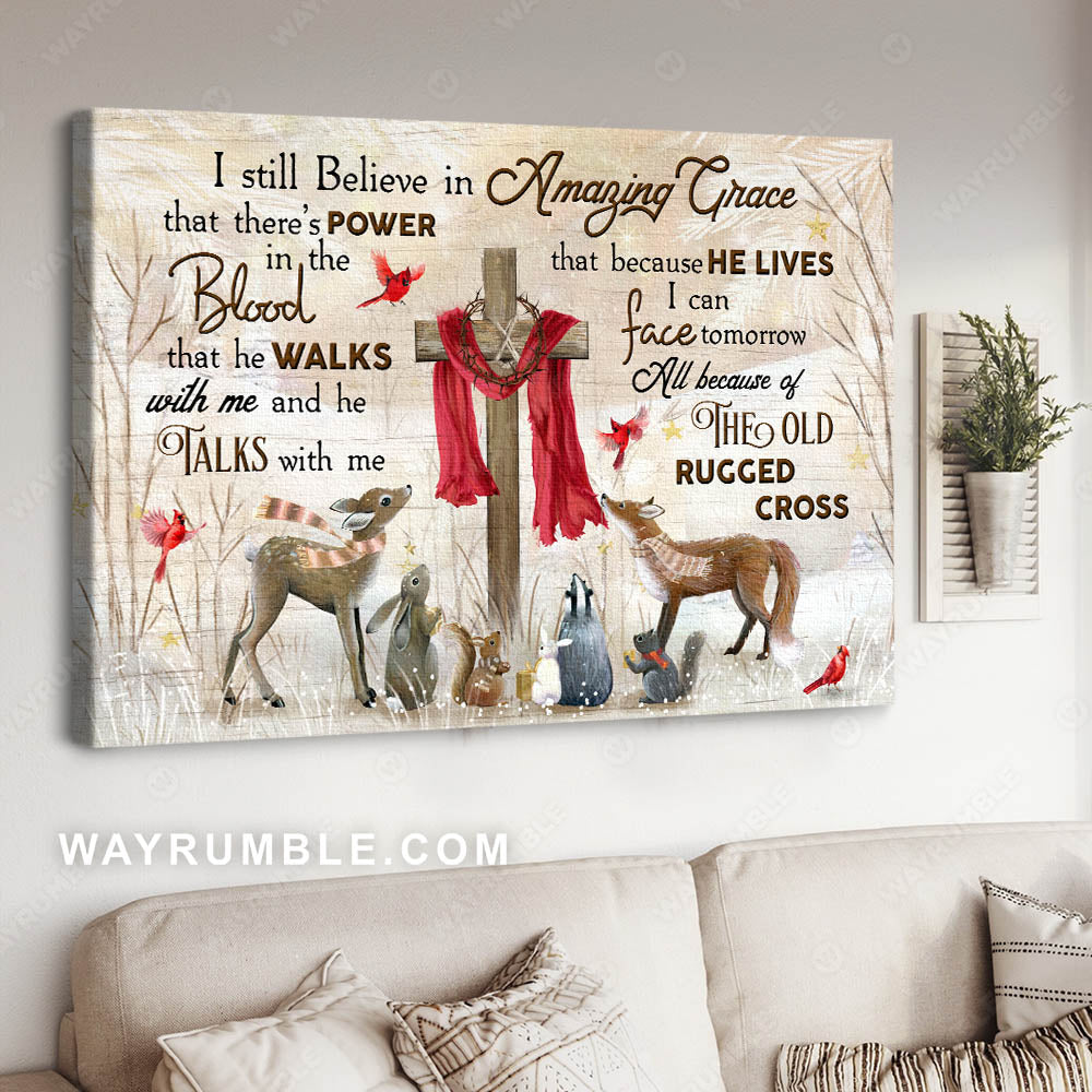 Little animal painting, Winter forest, The wooden cross, I still believe in Amazing Grace - Jesus Landscape Canvas Prints, Christian Wall Art