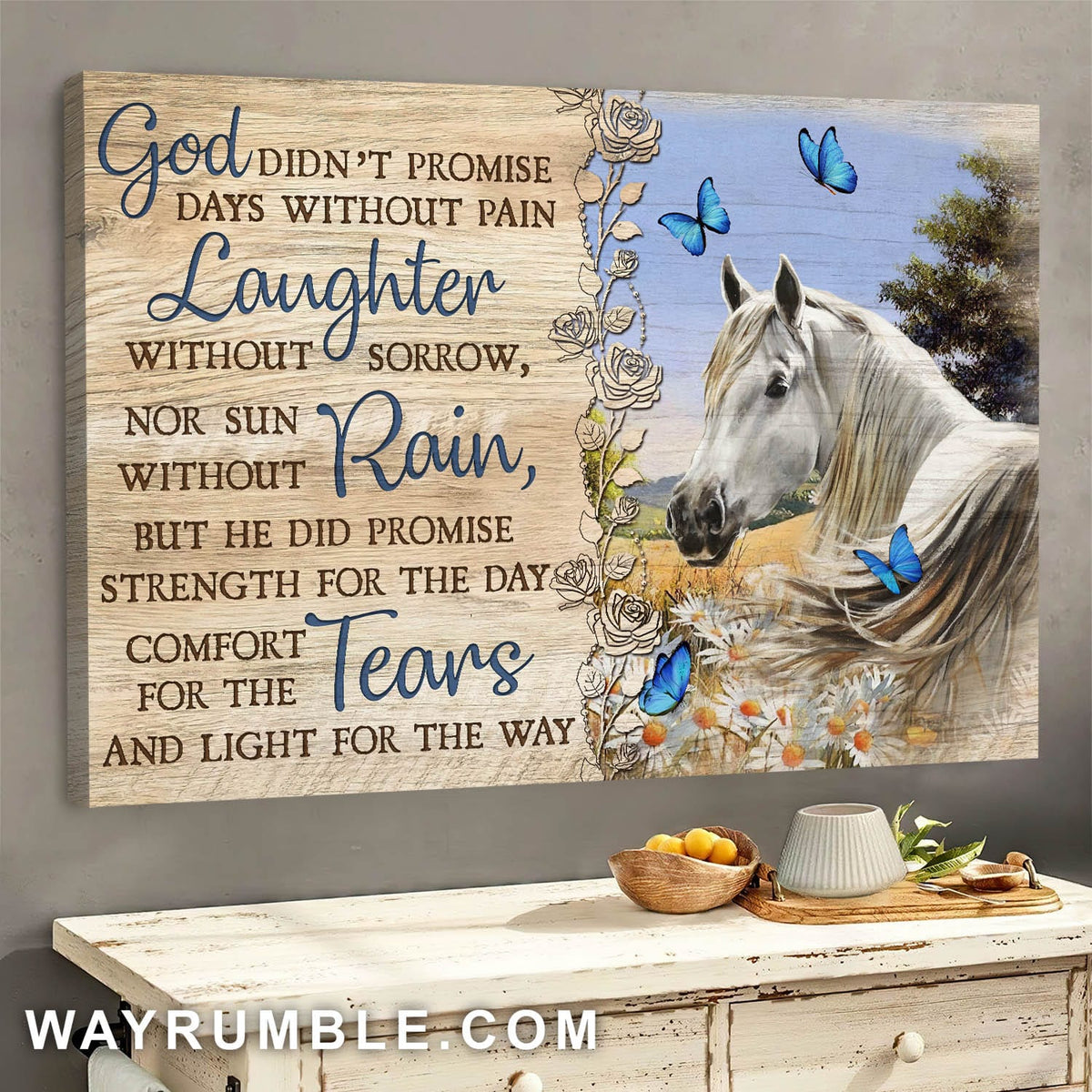 White horse, Flower field, Butterfly, God didn&#39;t promise days without pain - Jesus Landscape Canvas Prints, Wall Art