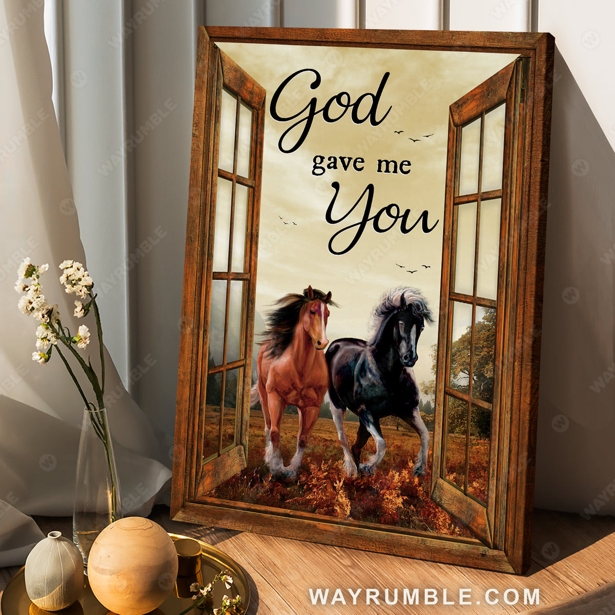 Running horses, Brown meadow land, Countryside painting, God gave me you - Jesus Portrait Canvas Prints, Christian Wall Art