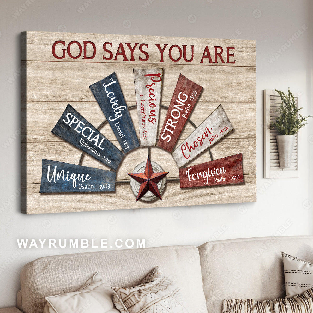 Vintage windmill drawing, Red star, God says you are unique - Jesus Landscape Canvas Prints, Christian Wall Art