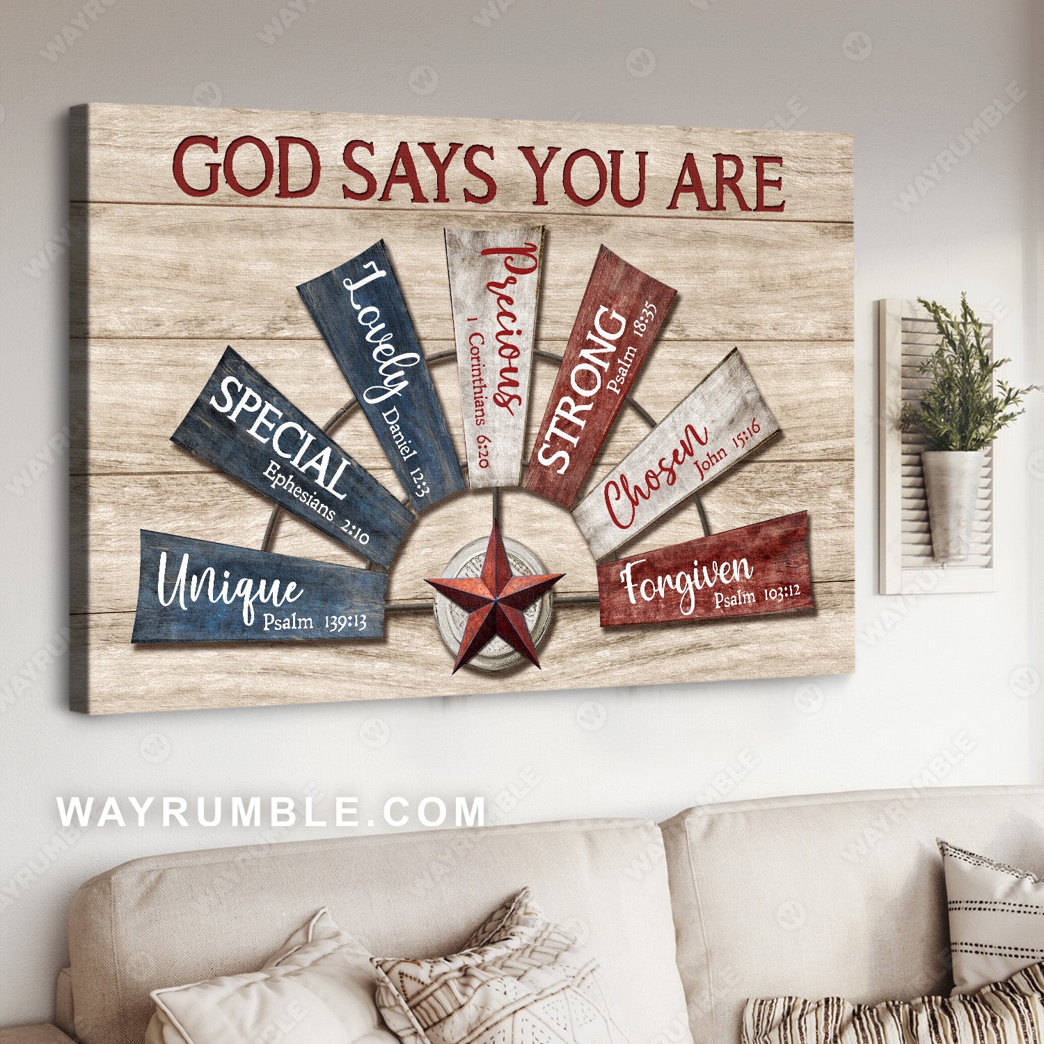 Vintage windmill drawing, Red star, God says you are unique - Jesus Landscape Canvas Prints, Christian Wall Art