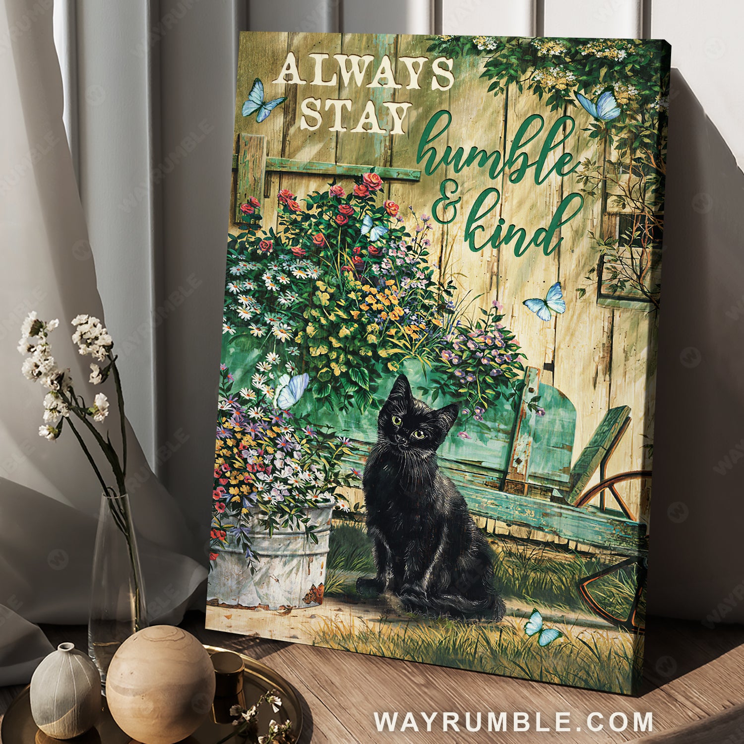 Black cat, Baby flower garden, Sunny day, Always stay humble and kind - Jesus Portrait Canvas Prints, Christian Wall Art