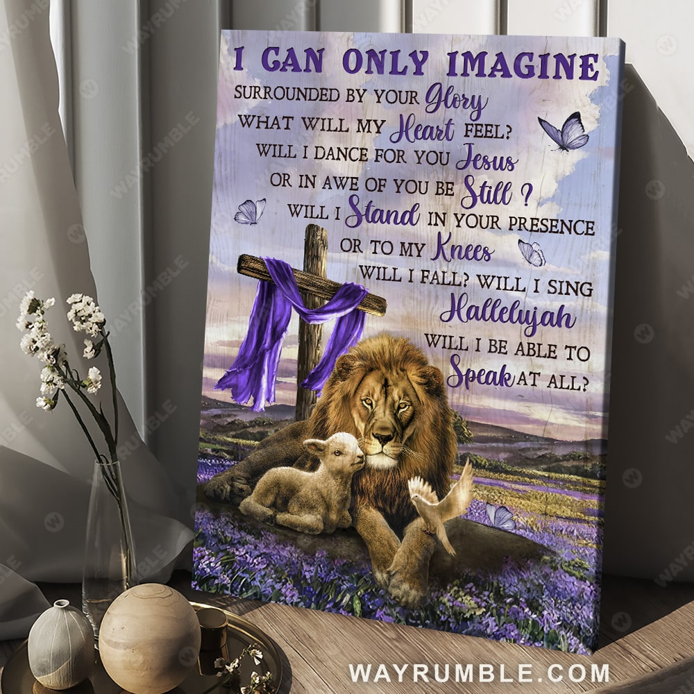 Lion drawing, Lavender field, Wooden cross, Purple background, I can only imagine - Jesus Portrait Canvas Prints, Christian Wall Art