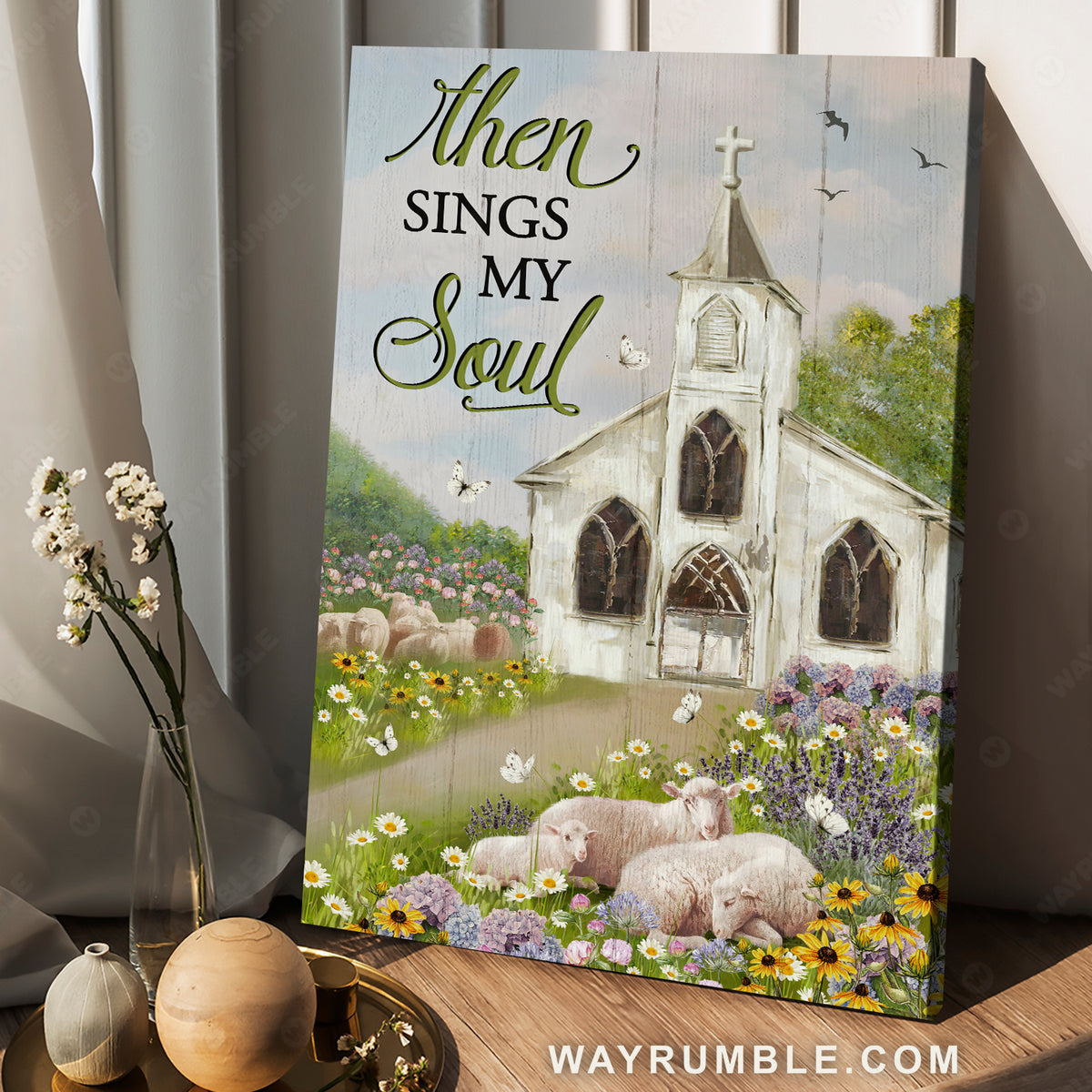 White church, Sleeping sheep, Colorful flower, Summer garden, Then sings my soul - Jesus Portrait Canvas Prints, Christian Wall Art