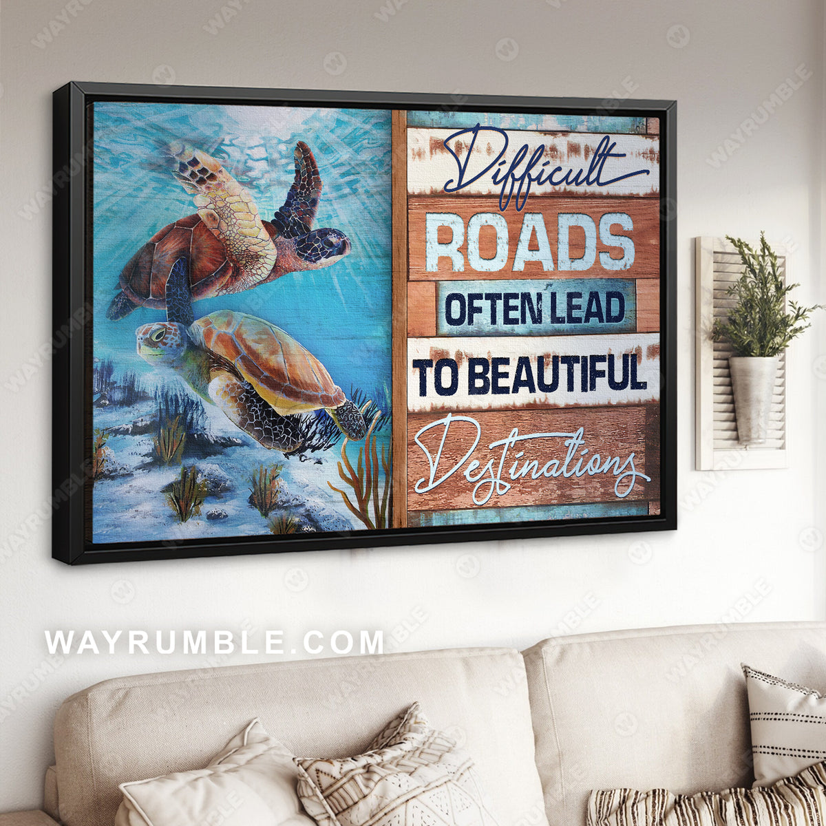 Stunning sea turtle, Blue ocean, Difficult roads often lead to beautiful destinations - Jesus Landscape Canvas Prints, Christian Wall Art
