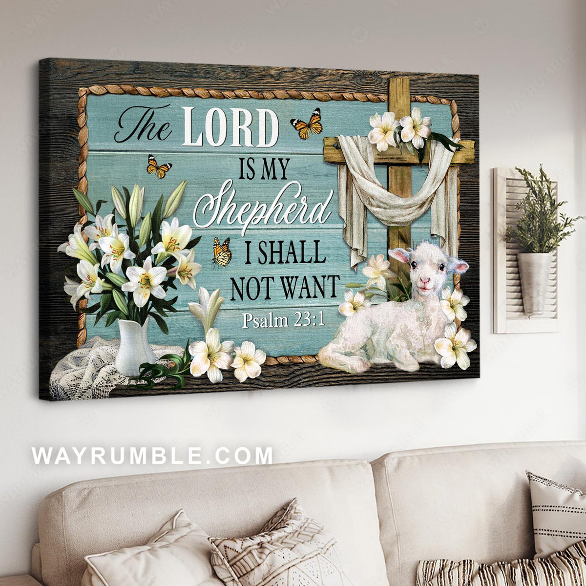 Lamb of God, Wooden cross, White tulips, The Lord is my Shepherd - Jesus Landscape Canvas Prints, Christian Wall Art