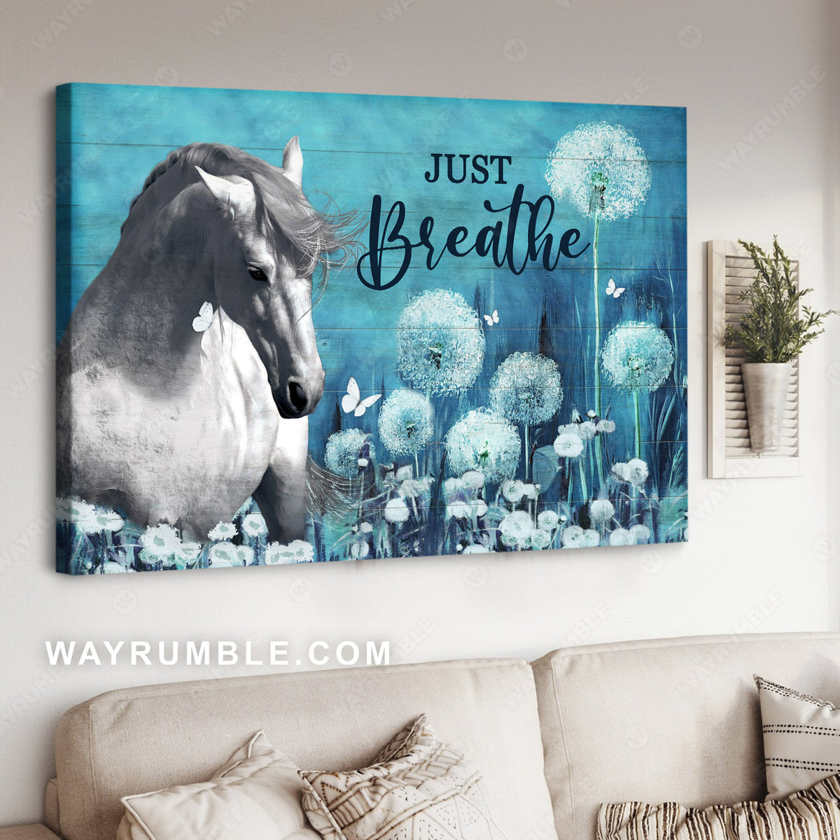 Horse drawing, White horse in the dandelion field, Just breathe - Jesus Landscape Canvas Prints, Christian Wall Art