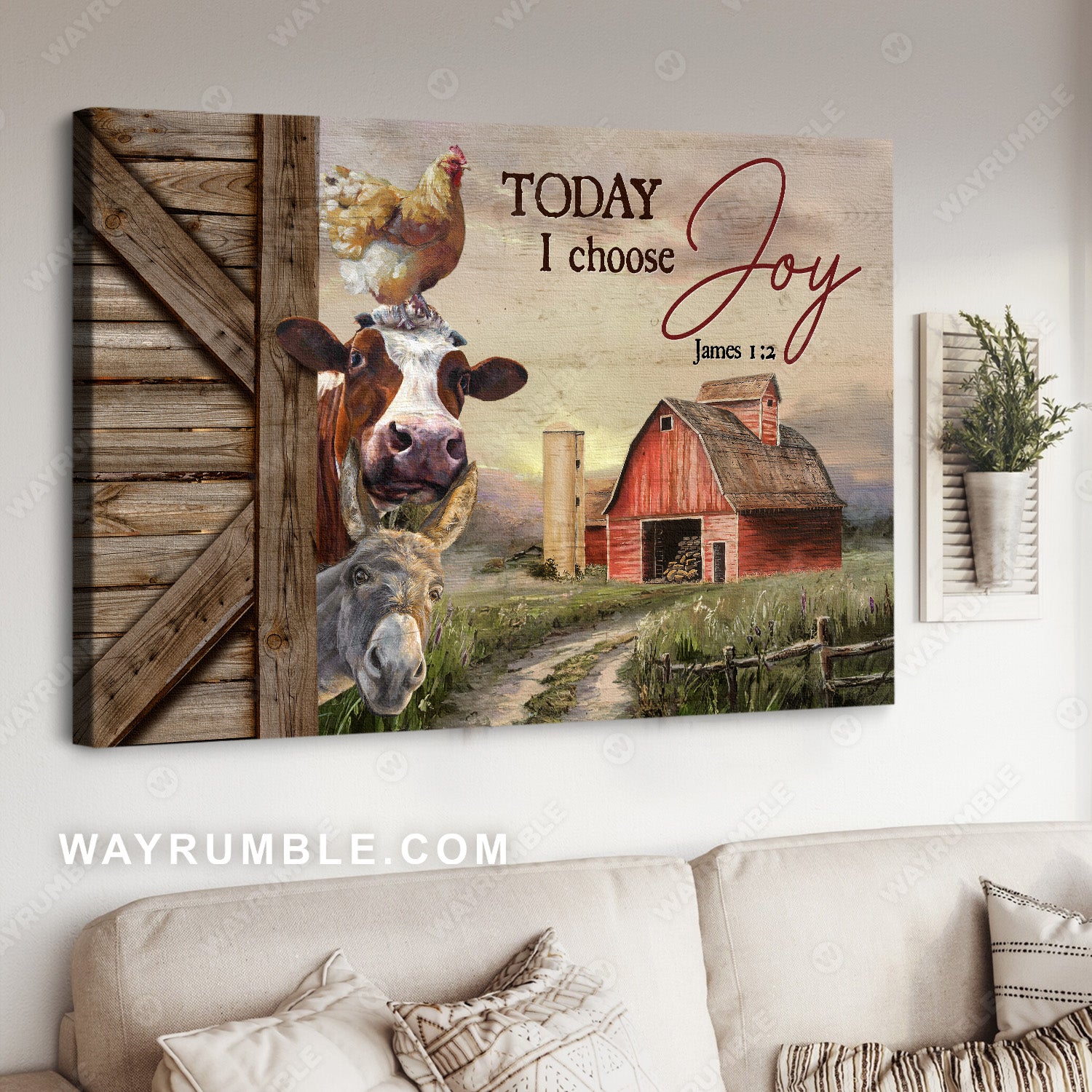 Farm painting, Diary cow, Green meadow land, Today I choose joy - Jesus Landscape Canvas Prints, Christian Wall Art