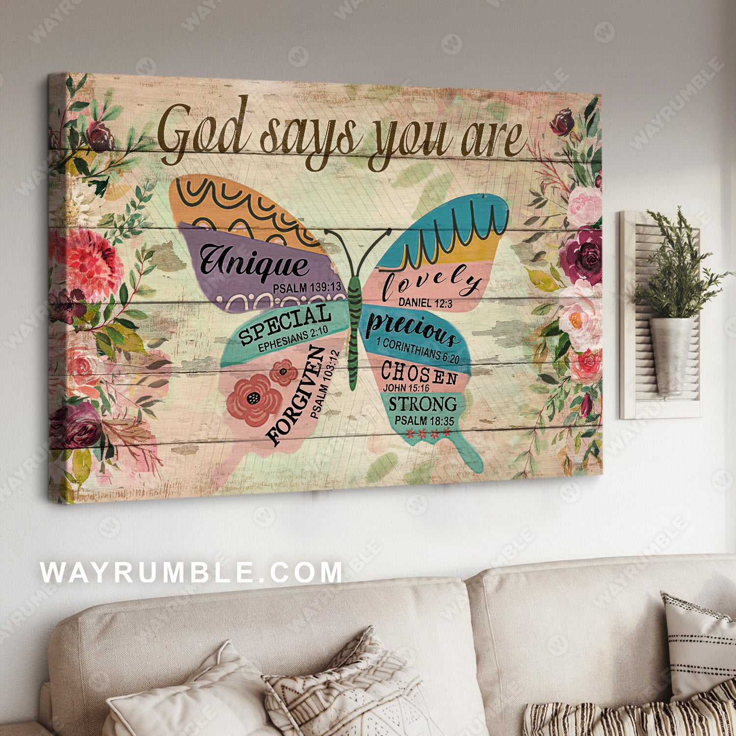 Lovely butterfly, Pretty flower frame, God says you are unique - Jesus Landscape Canvas Prints, Home Decor Wall Art