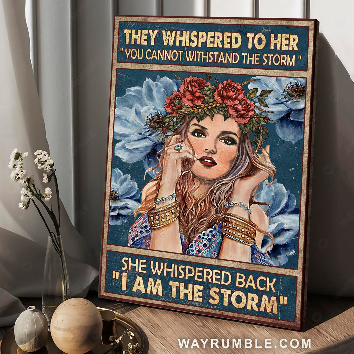 Beautiful hippie girl, Flower wreath, They whispered to her - Jesus Portrait Canvas Prints, Christian Wall Art