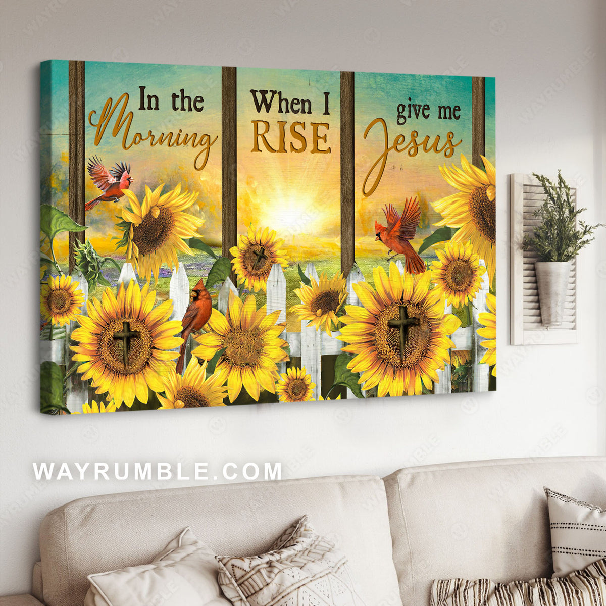 Sunflower garden, Jesus cross, Red cardinals, Sunrise view, Give me Jesus - Jesus Landscape Canvas Prints, Christian Wall Art