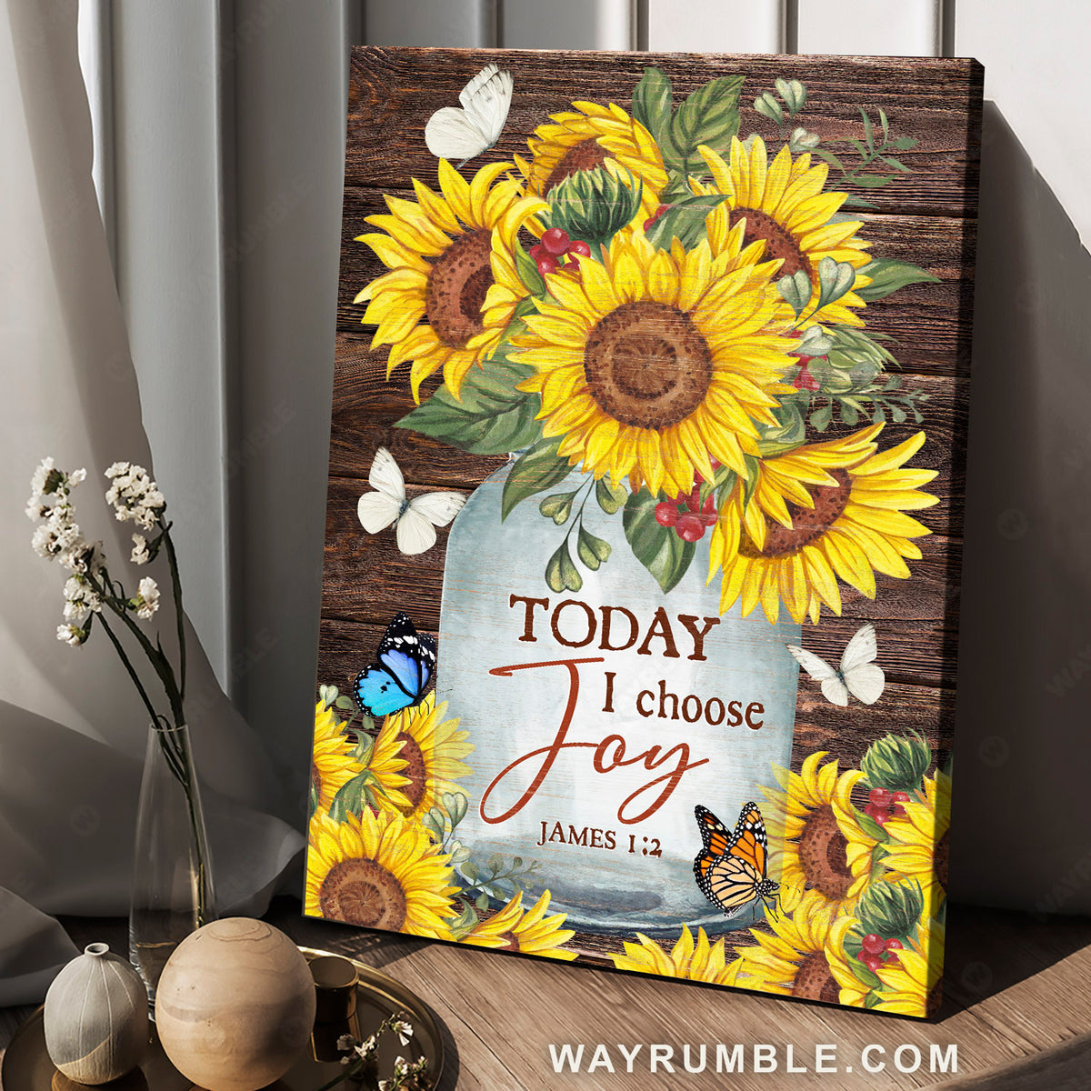 Sunflower garden, Glass jar, Beautiful butterfly, Today I choose joy - Jesus Portrait Canvas Prints, Christian Wall Art