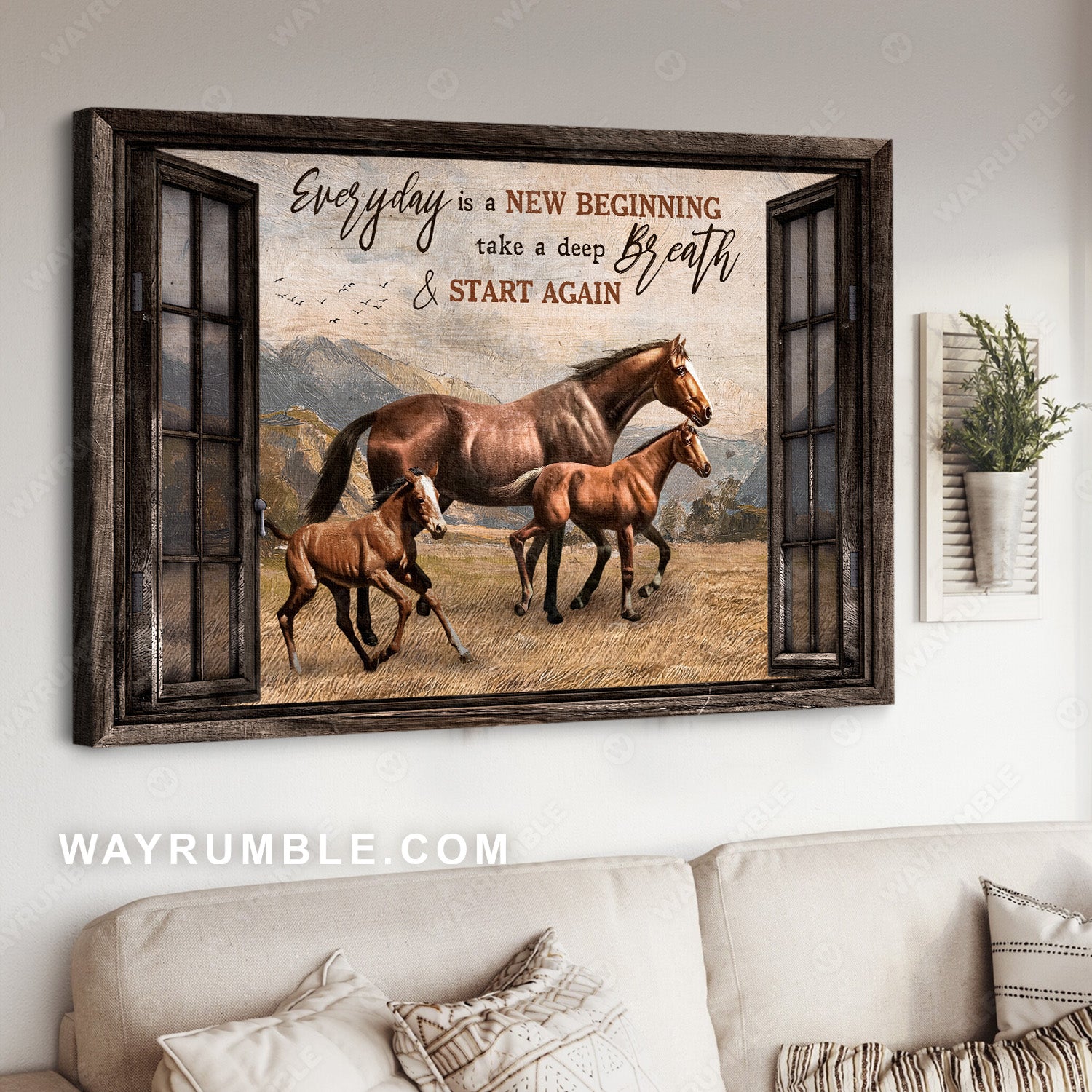 Window frame, Horse painting, Running in grassland, Every is a new beginning- Jesus Landscape Canvas Prints, Christian Wall Art