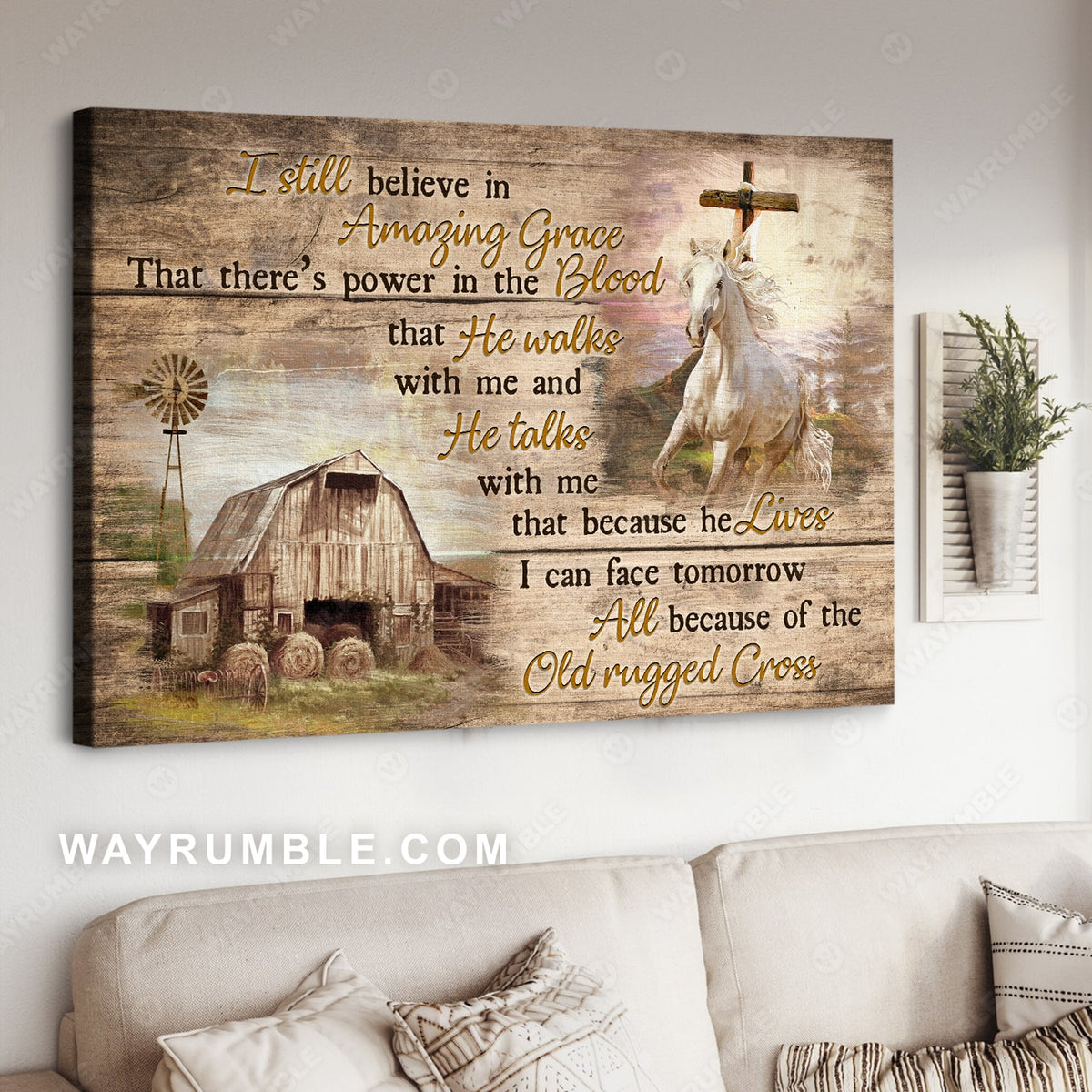 Old barn painting, Running white horse, I still believe in Amazing Grace - Jesus Landscape Canvas Prints, Christian Wall Art