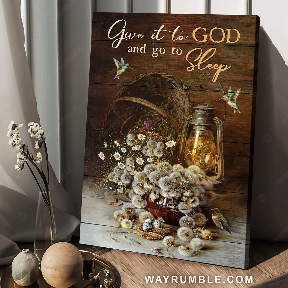 Dandelion, Daisy flower, Hummingbird, Give it to God and go to sleep - Jesus Portrait Canvas Prints, Christian Wall Art