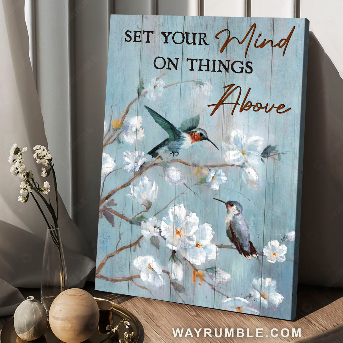 Hummingbird painting, White flower, Tree branch, Set your mind - Jesus Portrait Canvas Prints, Christian Wall Art