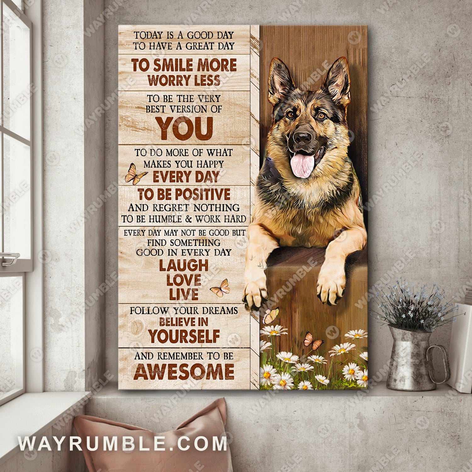 German Shepherd dog, Daisy painting, Believe in yourself and remember to be awesome - German shepherd Portrait Canvas Prints, Wall Art