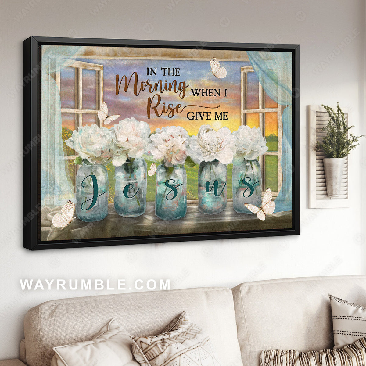 Beautiful white flower, Orange sunset, Butterfly, In the morning when I rise - Jesus Landscape Canvas Prints, Christian Wall Art