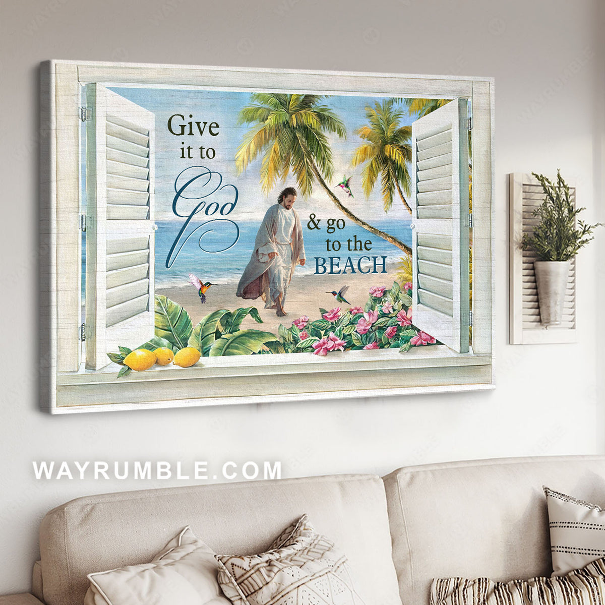 Jesus walks, Sand beach, Palm trees, Pink flowers, Give it to God - Jesus Landscape Canvas Prints, Christian Wall Art