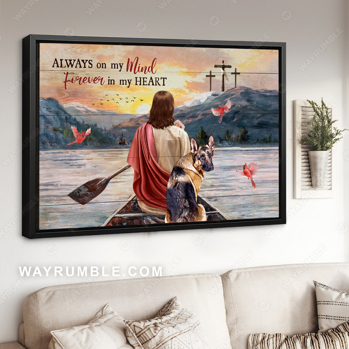 Magic lake, German Shepherd dog, Walking with Jesus, Always on my mind - Jesus Landscape Canvas Prints, Home Decor Wall Art
