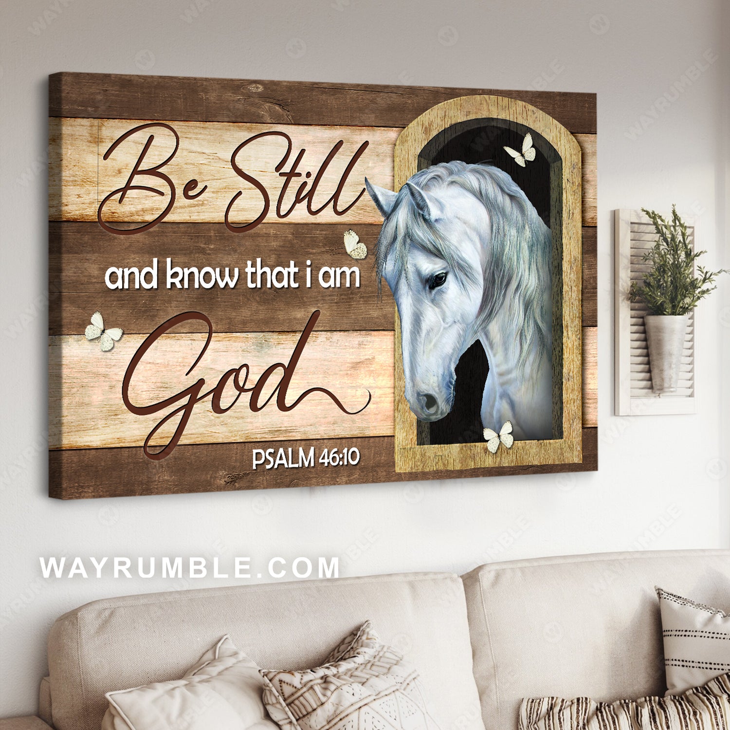 Beautiful white horse, Small window, Butterfly, Be still and know that I am God - Jesus Landscape Canvas Prints, Christian Wall Art