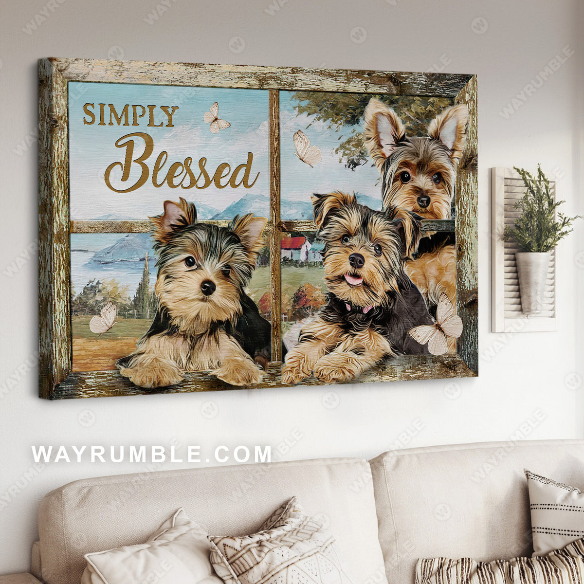 Watercolor Yorkshire Terrier, White butterfly, Simply blessed - Jesus Landscape Canvas Prints, Christian Wall Art