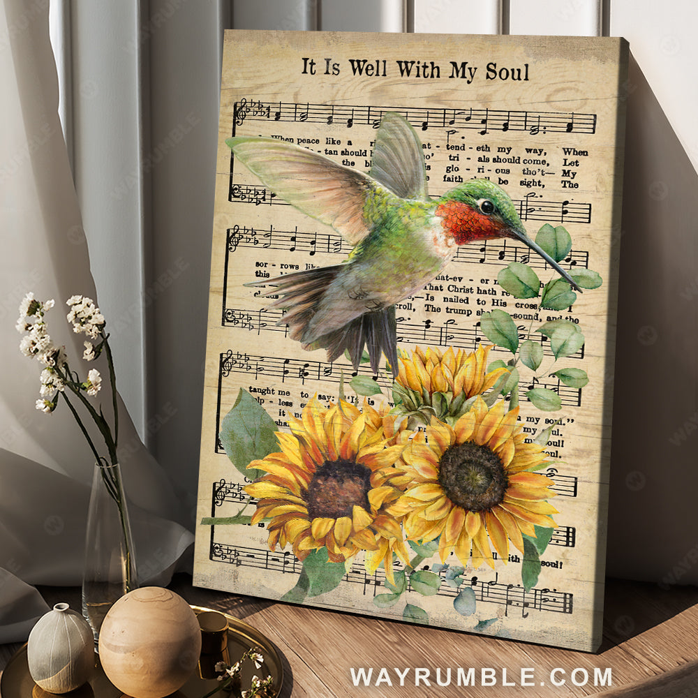 Beautiful hummingbird, Brilliant sunflower, Music sheet, It is well with my soul - Jesus Portrait Canvas Prints, Christian Wall Art