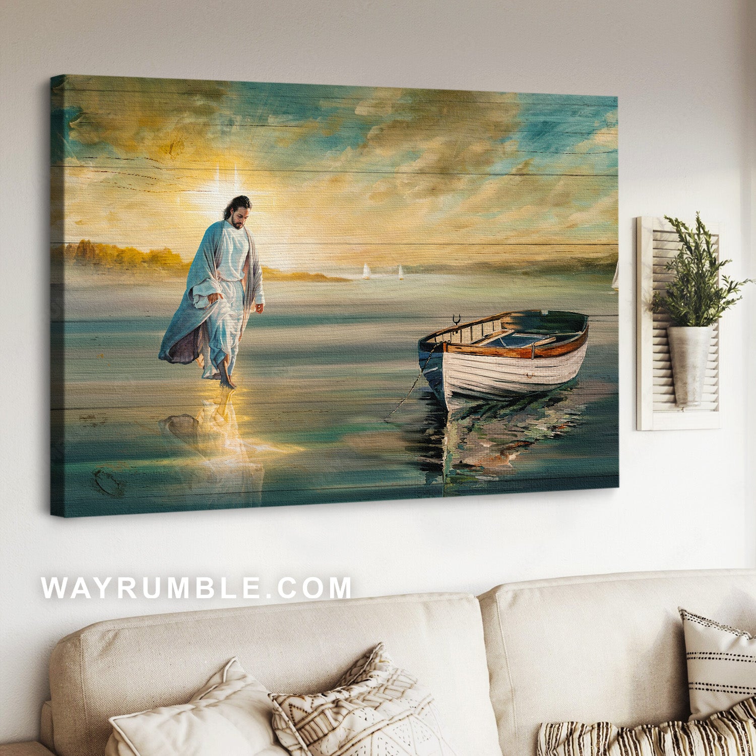 Beautiful ocean, Wonderful day, Jesus walking on water - Jesus Landscape Canvas Prints, Home Decor Wall Art