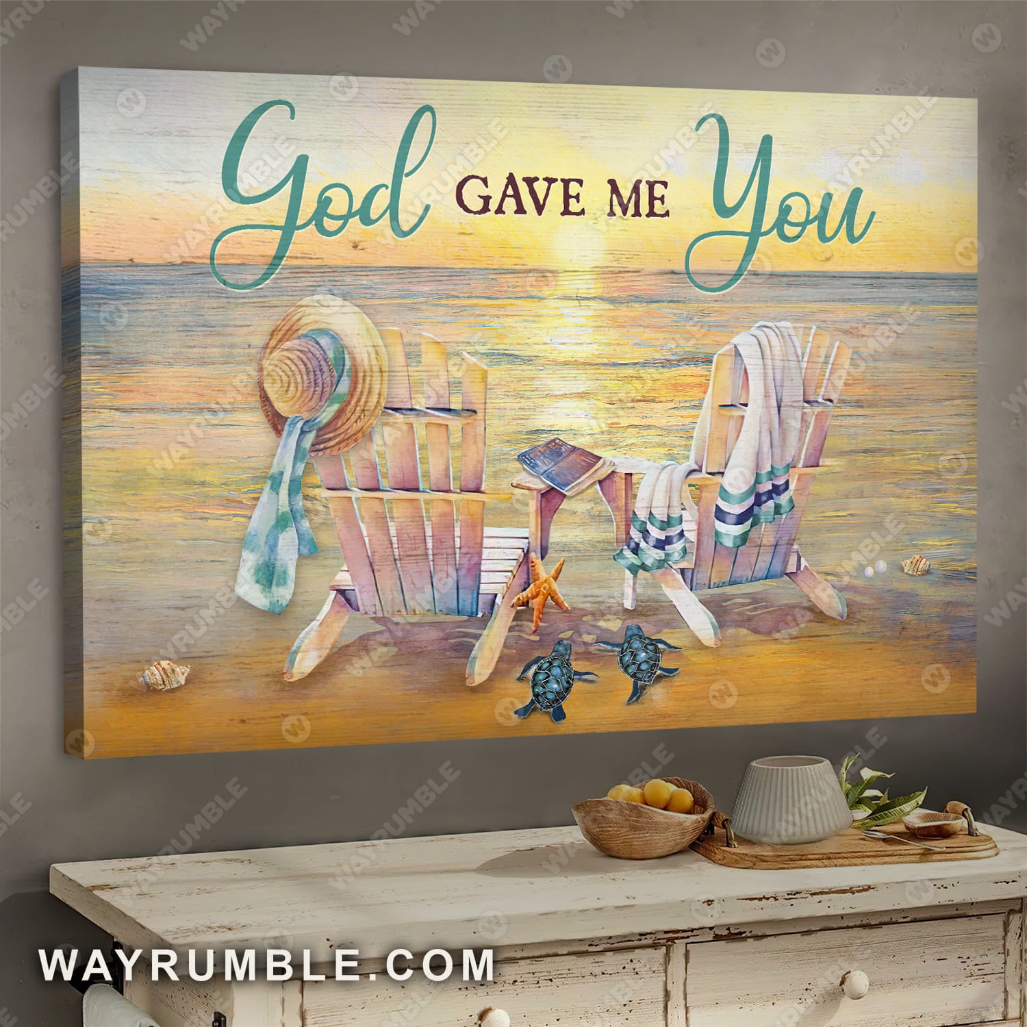 Beach painting, Wooden chair, Turtle drawing, God gave me you - Jesus Landscape Canvas Prints, Wall Art