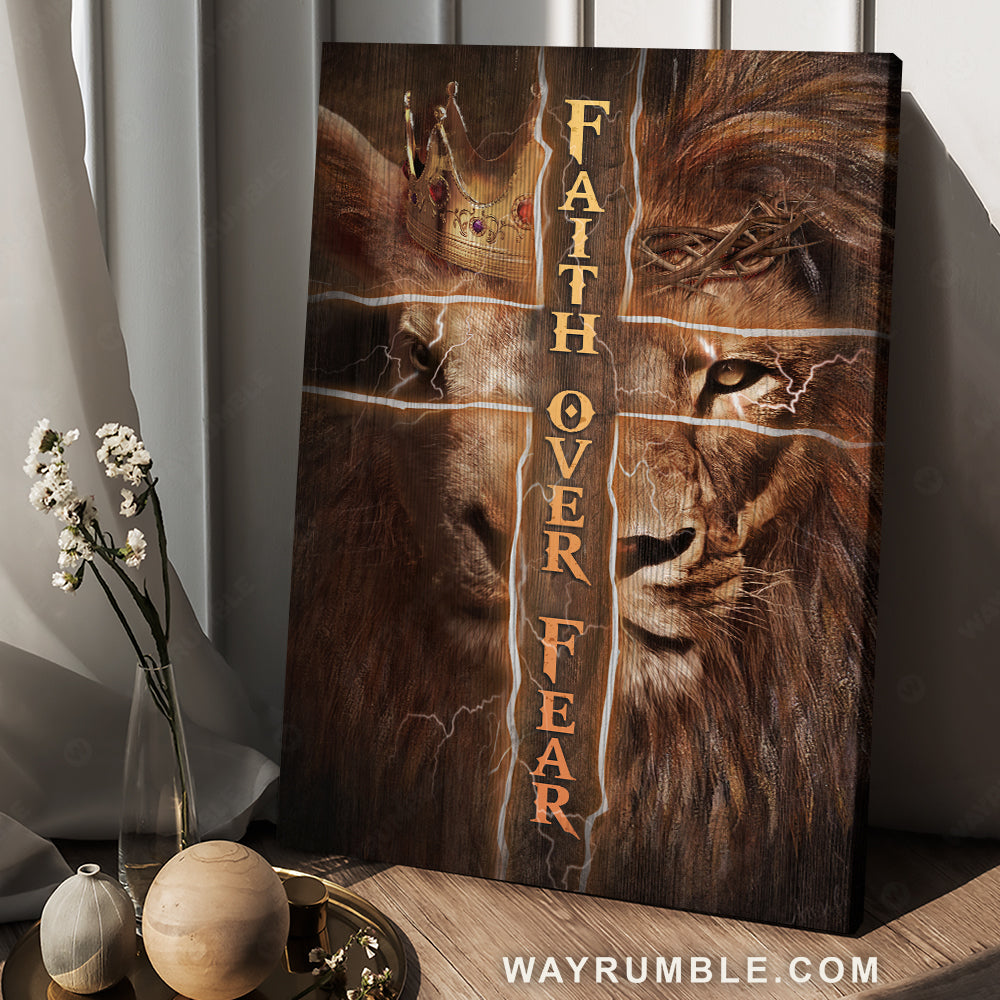 Golden crown, Lion king, Cross drawing, Faith over fear - Jesus Portrait Canvas Prints, Christian Wall Art