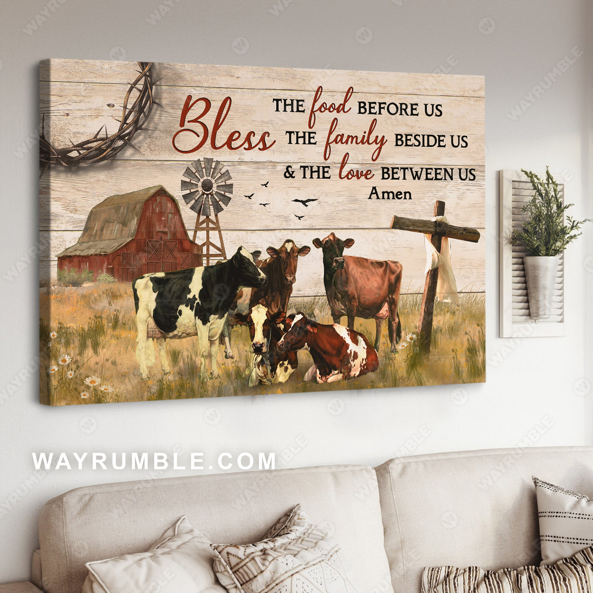 Cow painting, Countryside Landscape, The cross, Bless the family beside us - Jesus Landscape Canvas Prints, Christian Wall Art