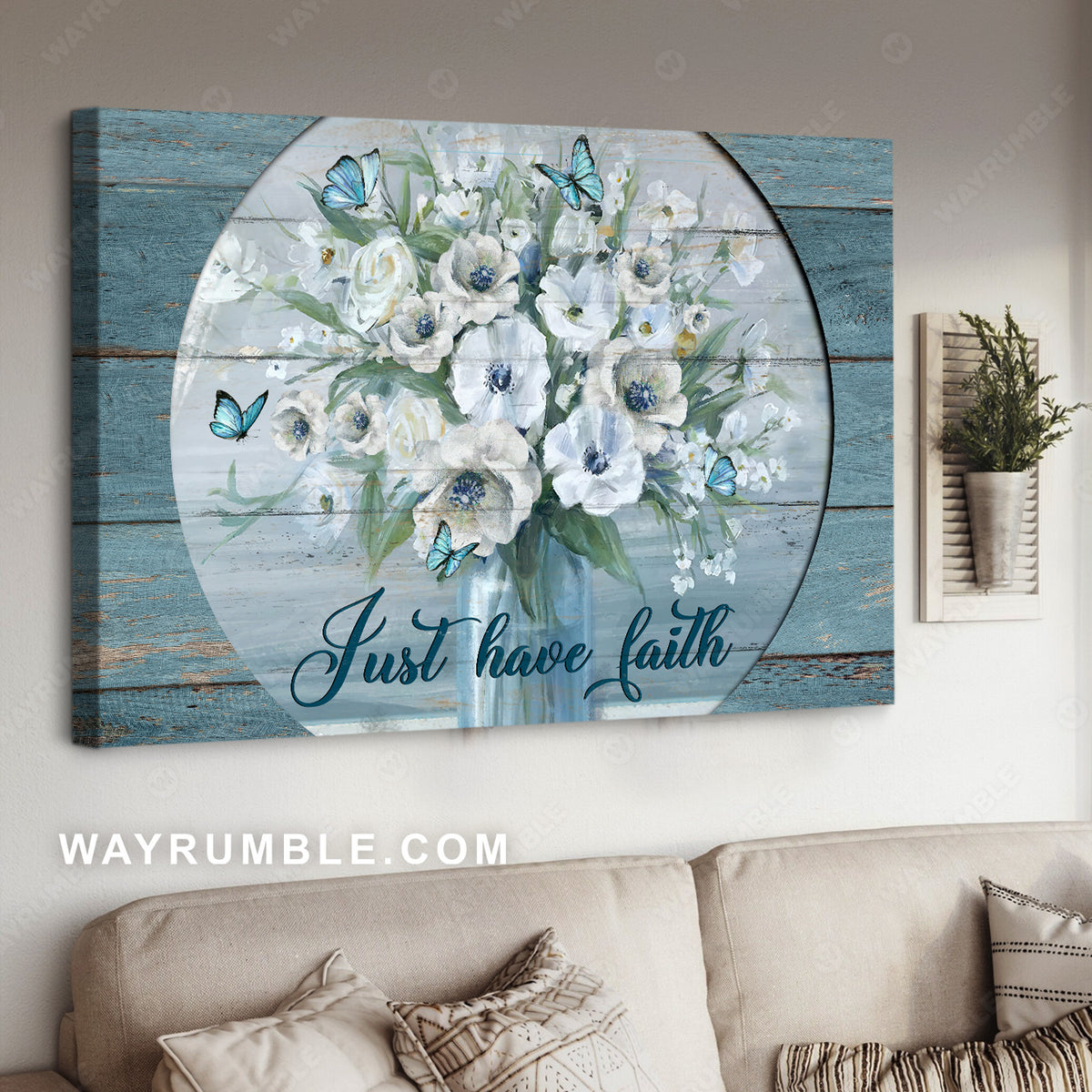 White poppy, Flower vase, Blue butterfly, Just have faith - Jesus Landscape Canvas Prints, Home Decor Wall Art