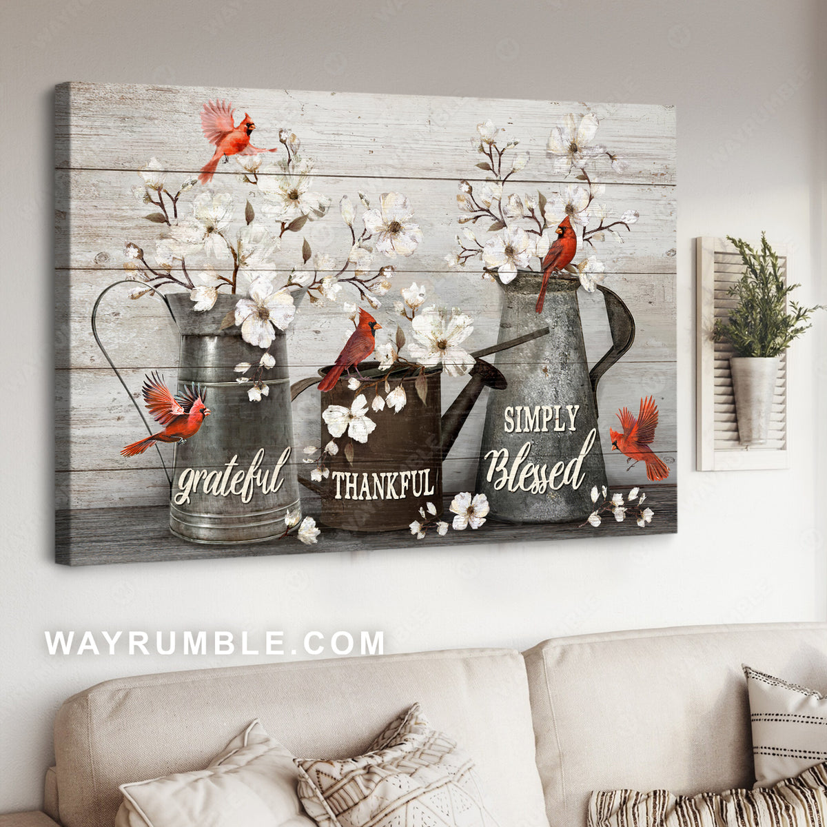 Beautiful white flowers, Red cardinals, Water pots, Simply blessed - Jesus Landscape Canvas Prints, Christian Wall Art