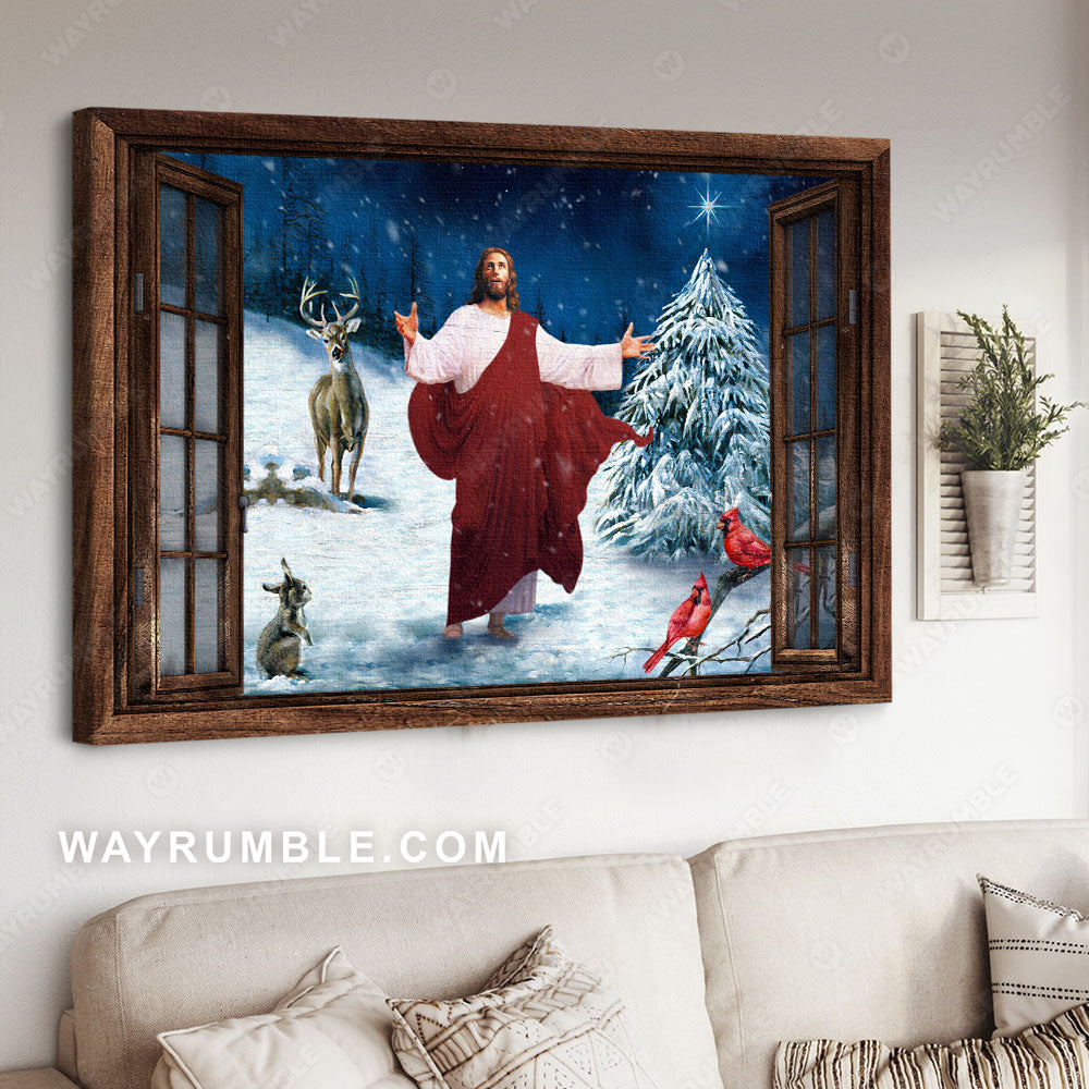 Jesus painting, Deer drawing, Christmas night, Red cardinal - Jesus Landscape Canvas Prints, Christian Wall Art