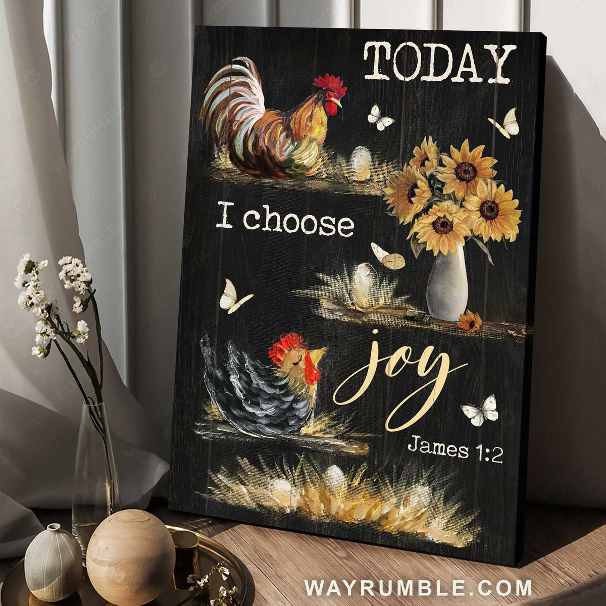 Watercolor rooster, Sunflower vase, Black background, Today I choose joy - Jesus Portrait Canvas Prints, Christian Wall Art