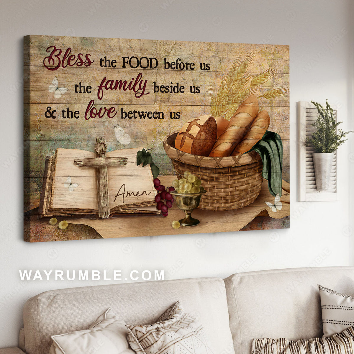 Baguette painting. Grapes drawing, Religious text, Bless the food - Jesus Landscape Canvas Prints, Christian Wall Art