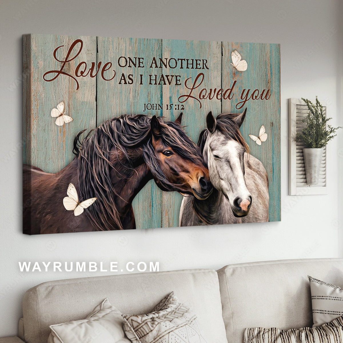 Lovely horse, Mint background, Love one another as I have loved you - Jesus Landscape Canvas Prints, Home Decor Wall Art