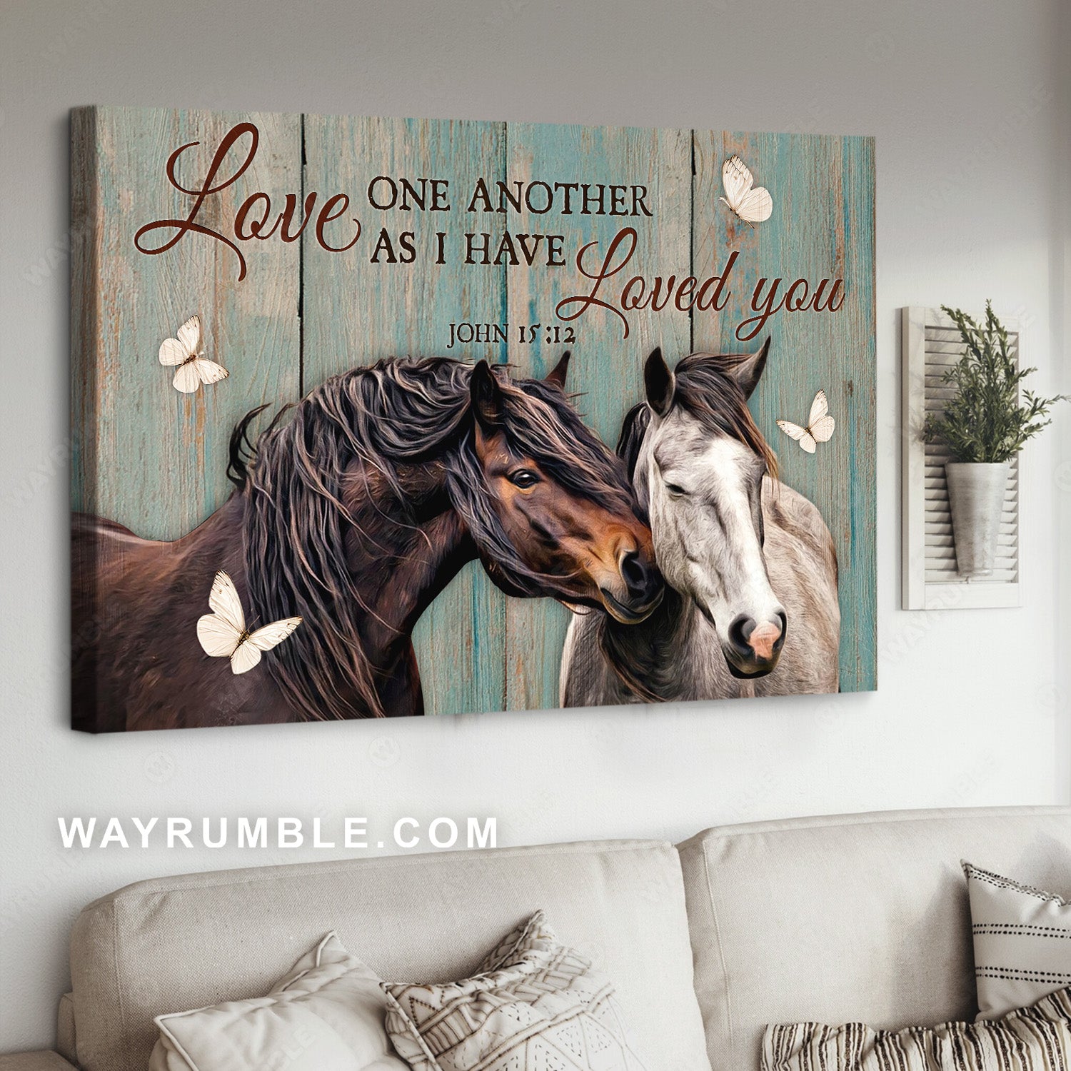 Lovely horse, Mint background, Love one another as I have loved you - Jesus Landscape Canvas Prints, Home Decor Wall Art