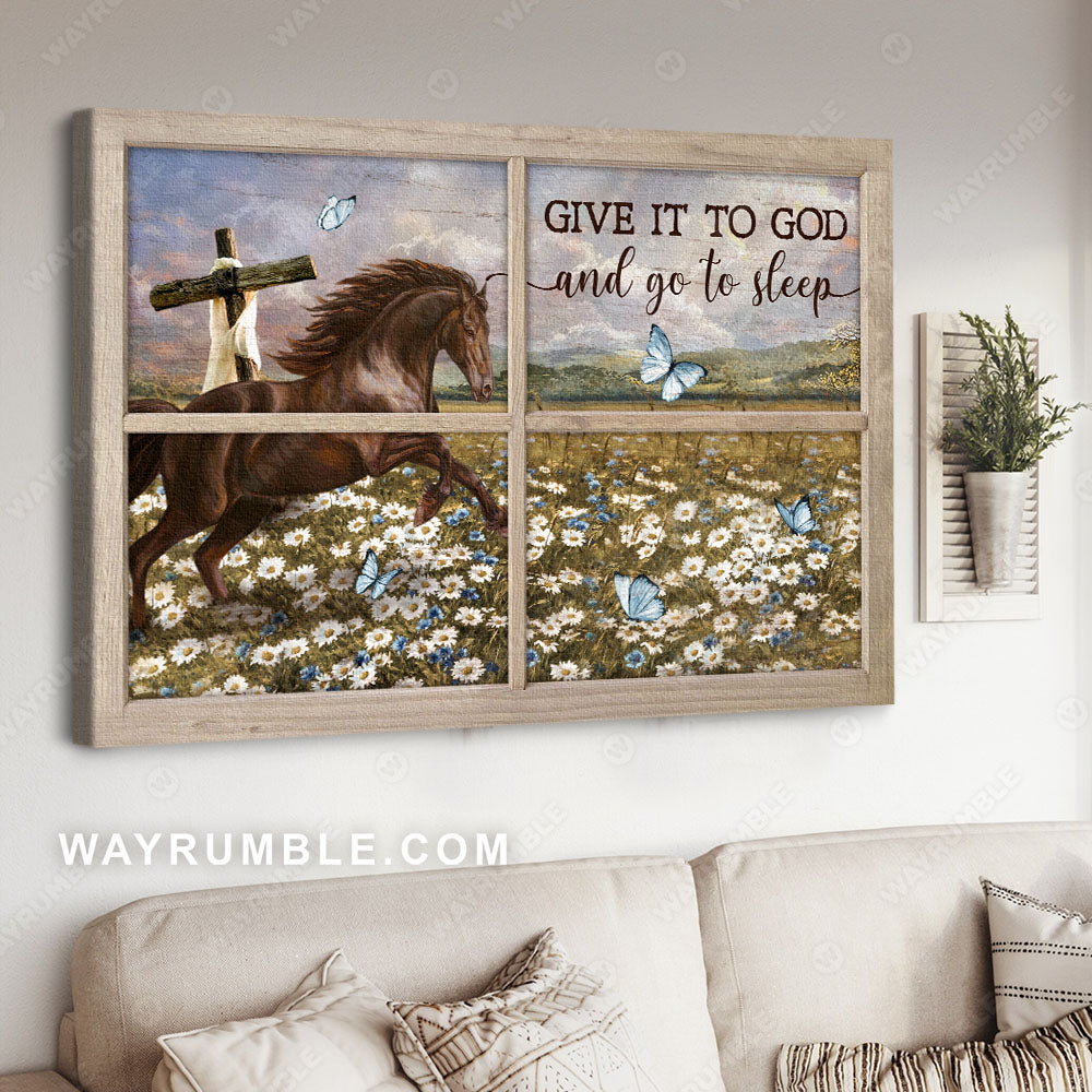 Daisy field, Crazy horse, Wooden cross, Farm, Give it to God and go to sleep - Jesus Landscape Canvas Prints, Wall Art