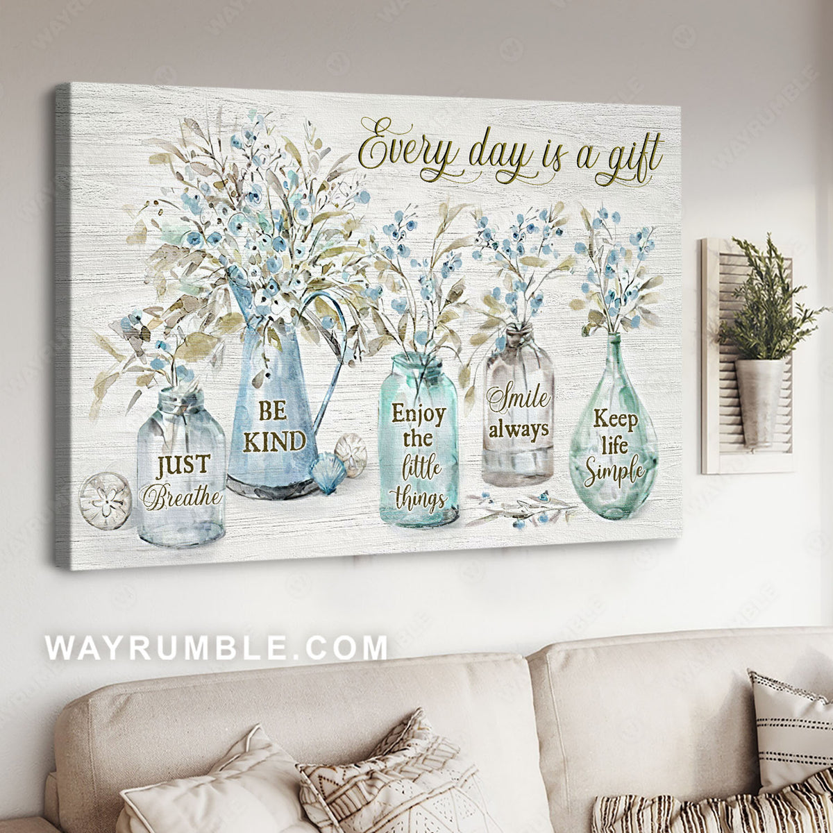 Small blue flowers, Glass jar, Every day is a gift - Jesus Landscape Canvas Prints, Christian Wall Art