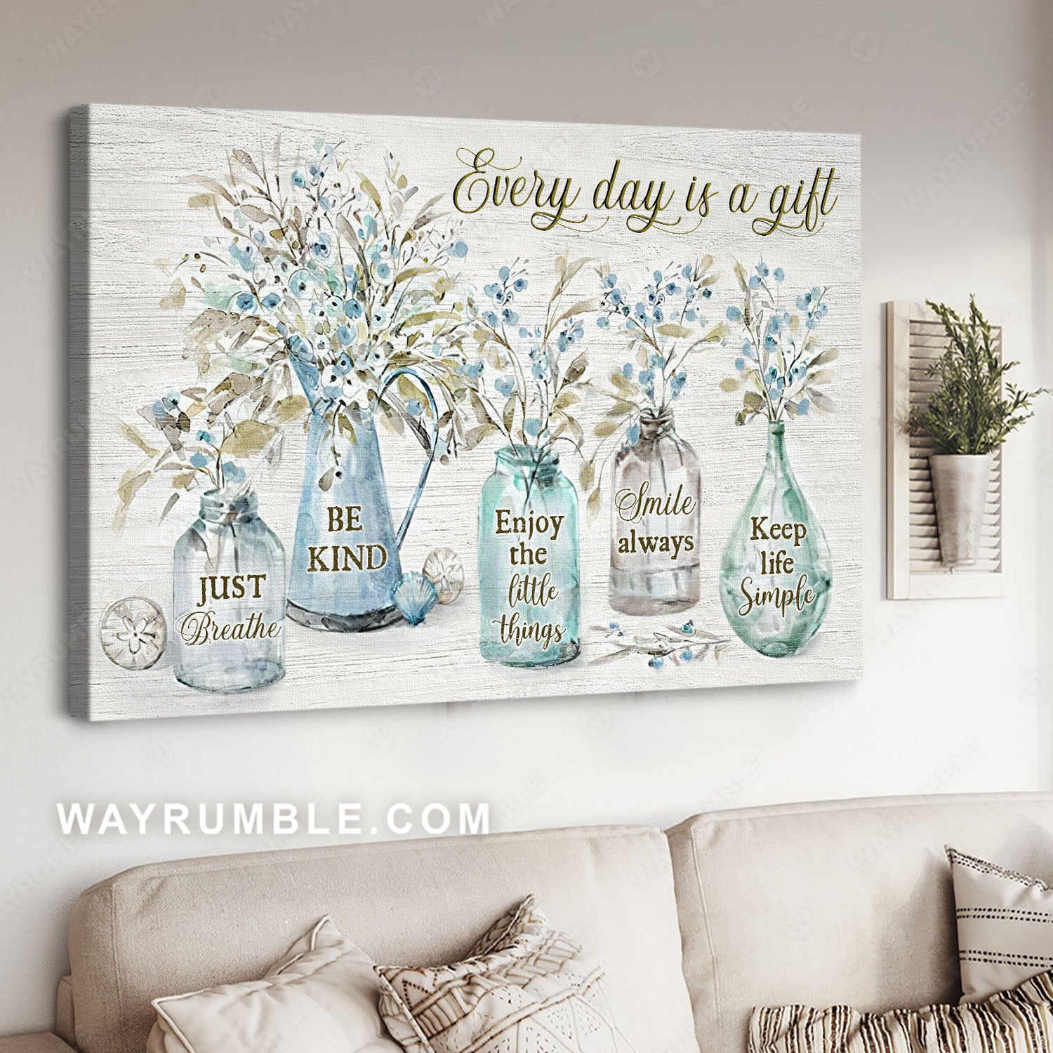 Small blue flowers, Glass jar, Every day is a gift - Jesus Landscape Canvas Prints, Christian Wall Art