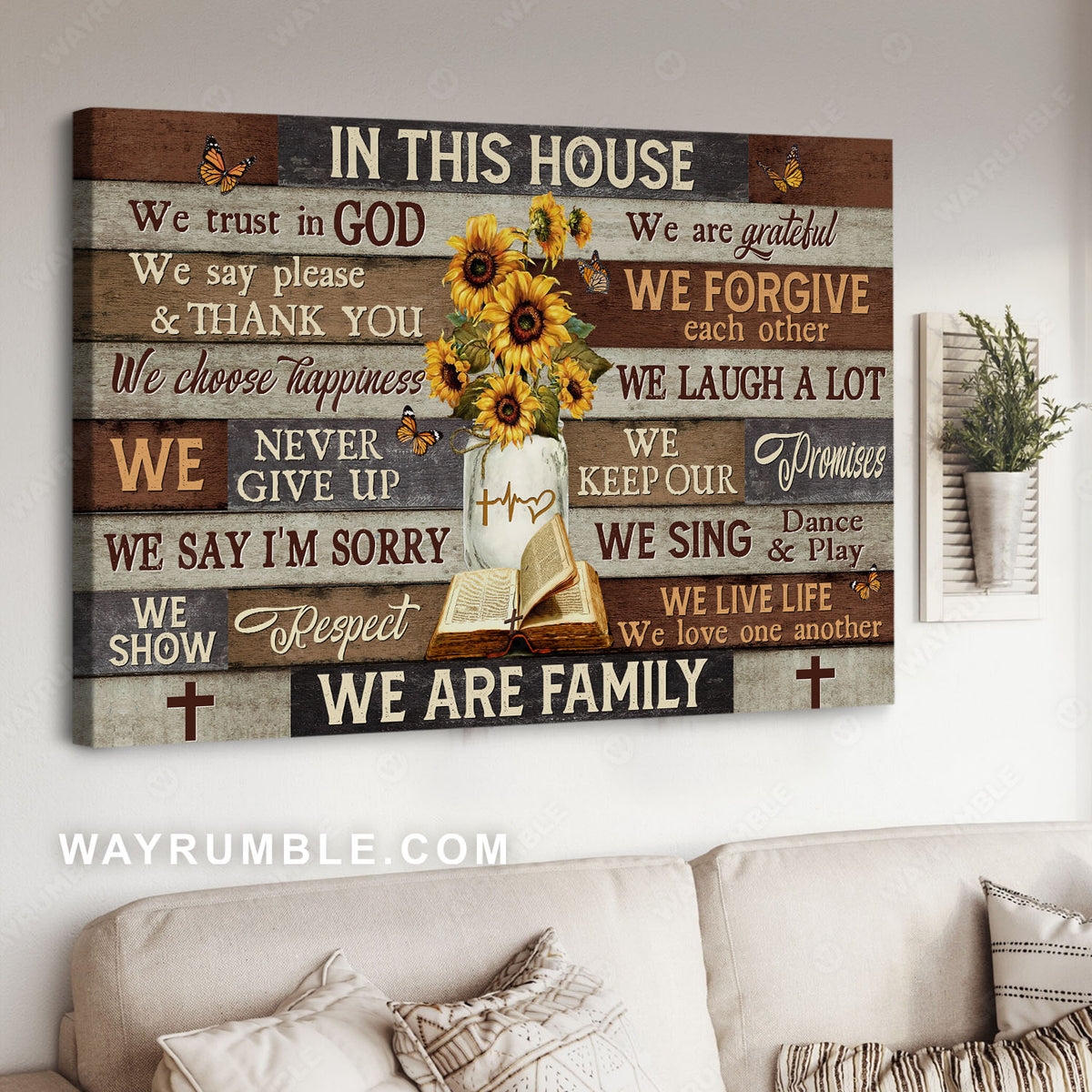 Sunflower vase, Antique bible, In this house, We trust in God - Jesus Landscape Canvas Prints, Christian Wall Art