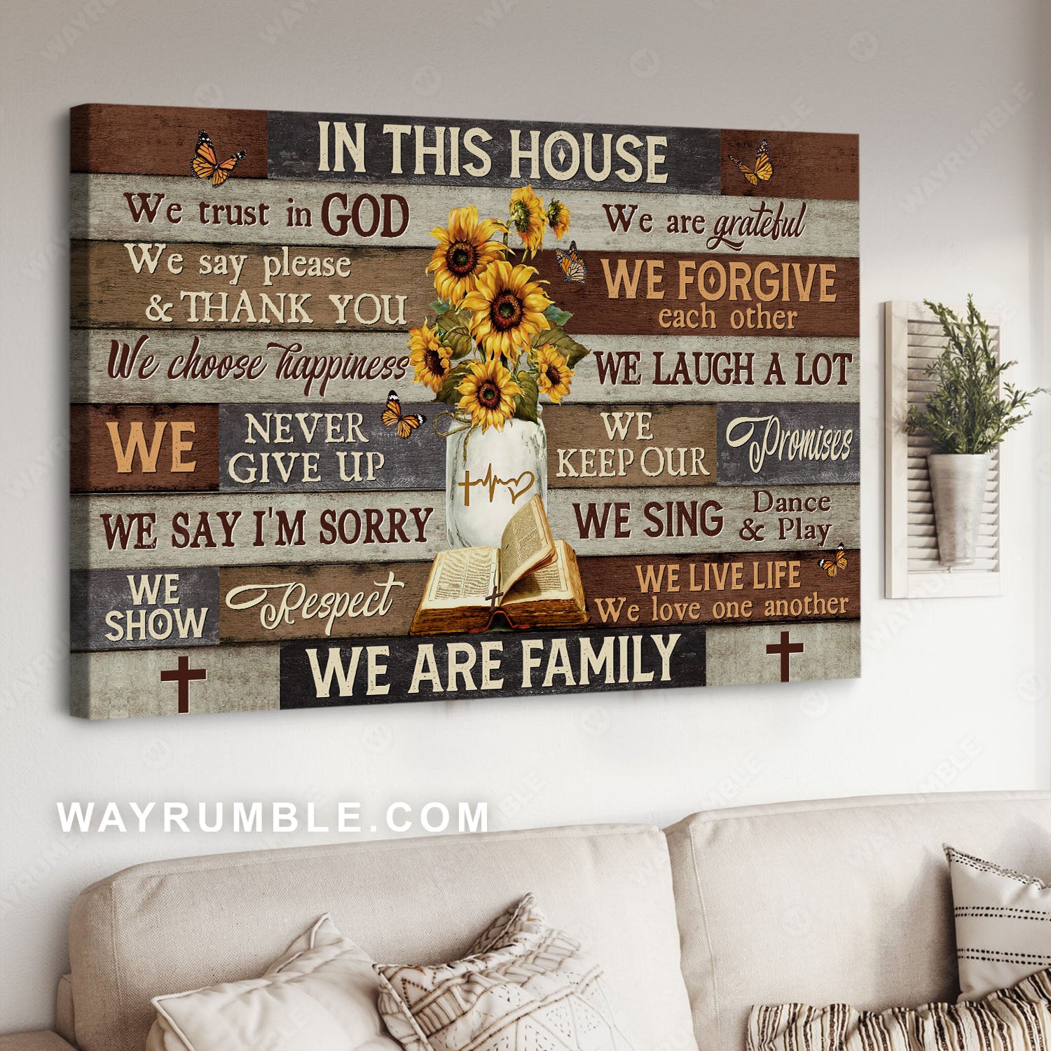 Sunflower vase, Antique bible, In this house, We trust in God - Jesus Landscape Canvas Prints, Christian Wall Art