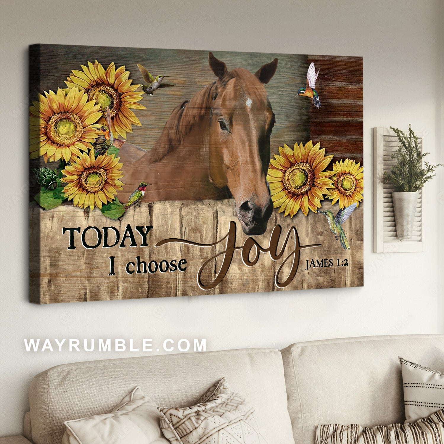 Sunflower fence, Brown horse, Colorful hummingbird, Today I choose joy - Jesus Landscape Canvas Prints, Home Decor Wall Art