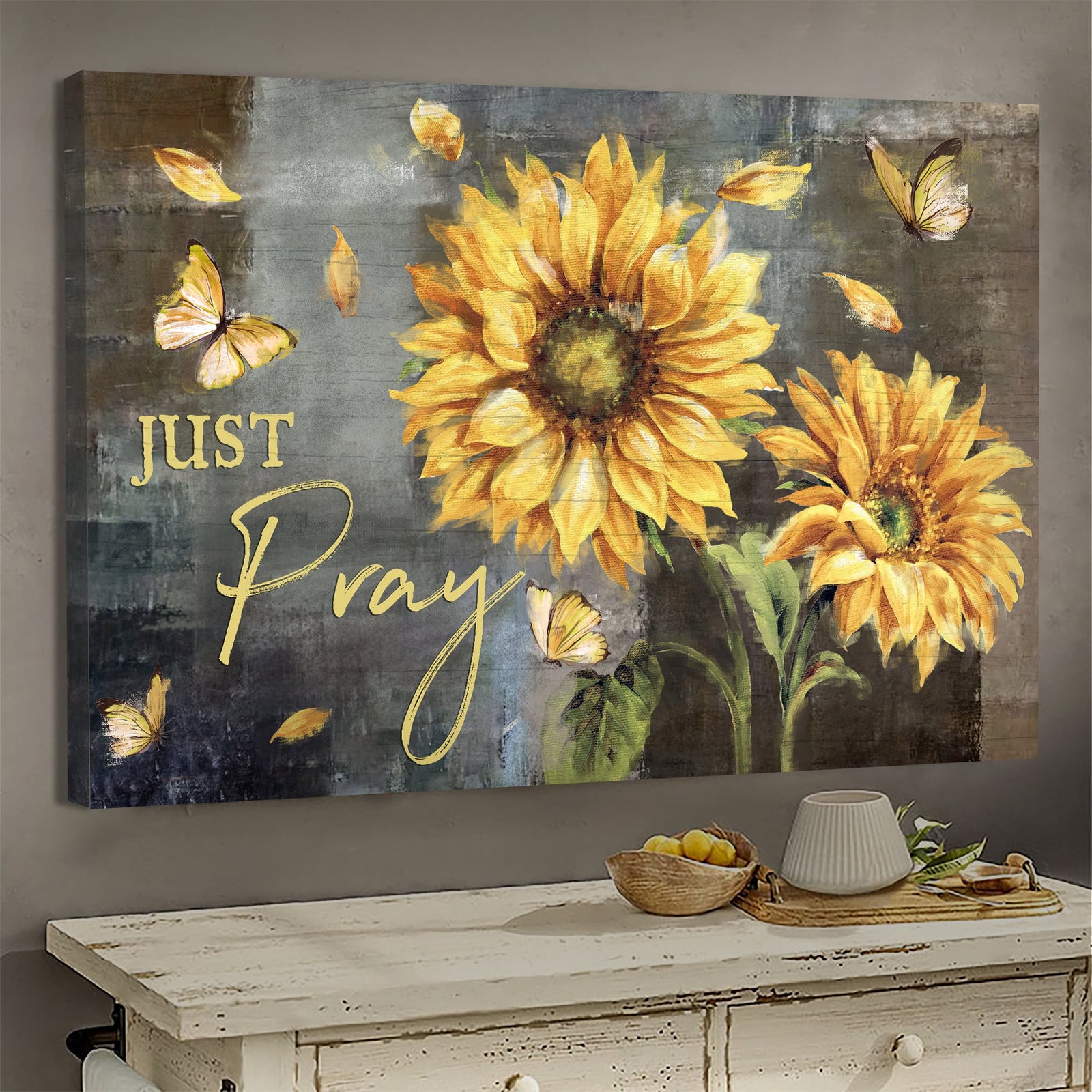Sunflower and yellow butterfly - Just pray - Jesus Landscape Canvas Print - Wall Art