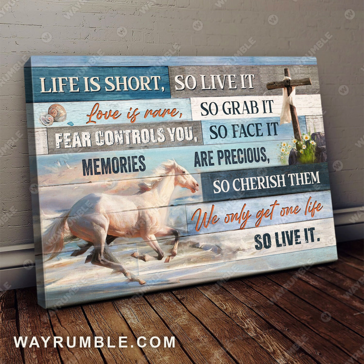 Running horse, Wooden Cross, We only get one life so live it - Jesus Landscape Canvas Prints, Wall Art